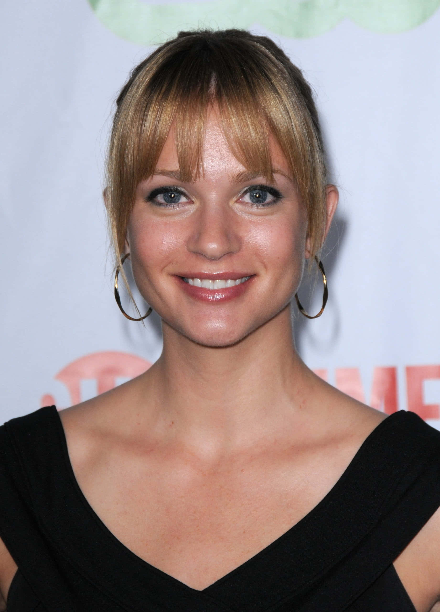 AJ Cook, blonde bangs, gold hoop earrings, 2K Phone Wallpaper