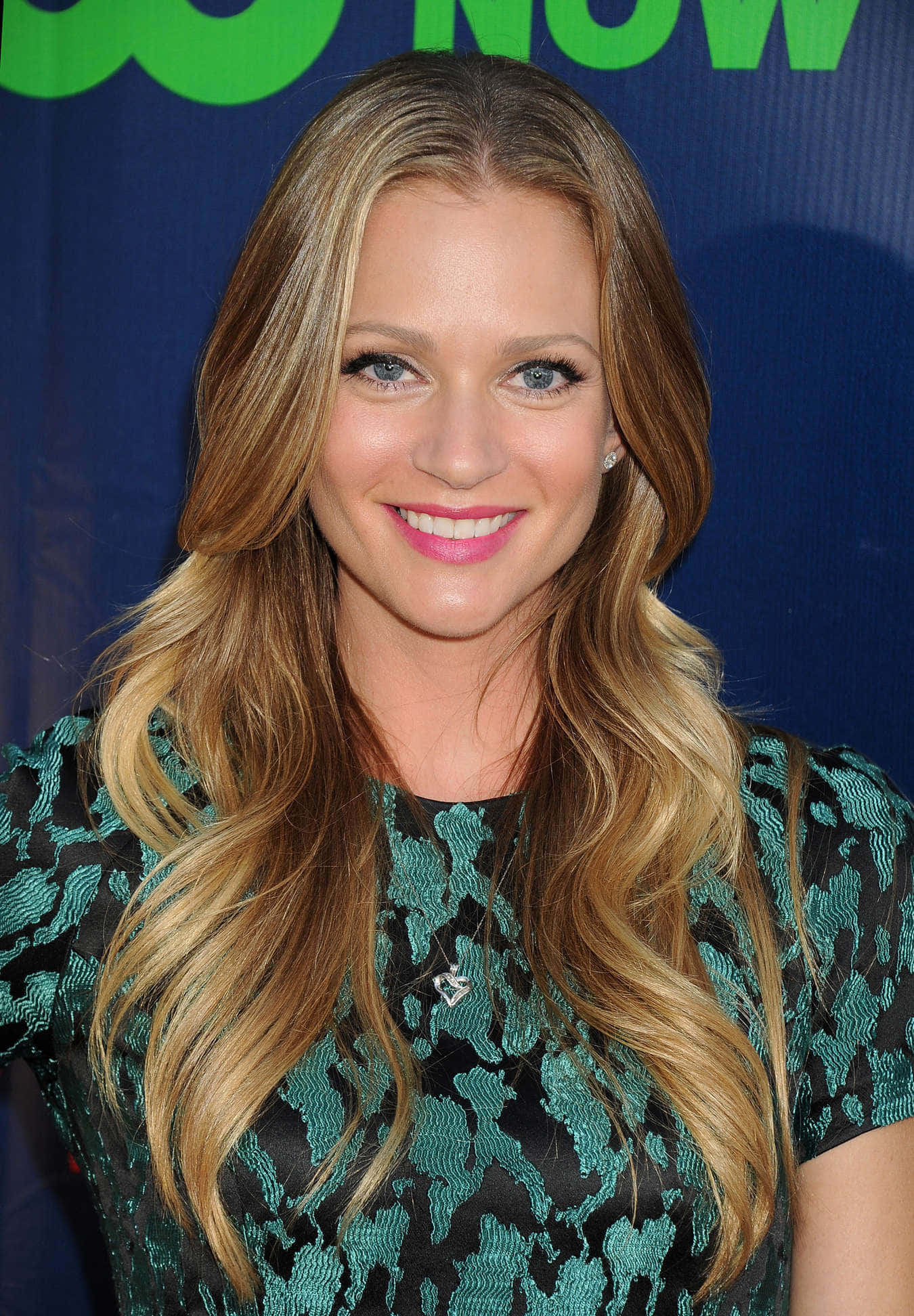 AJ Cook, long wavy blonde hair, green patterned dress, Full HD Phone Wallpaper
