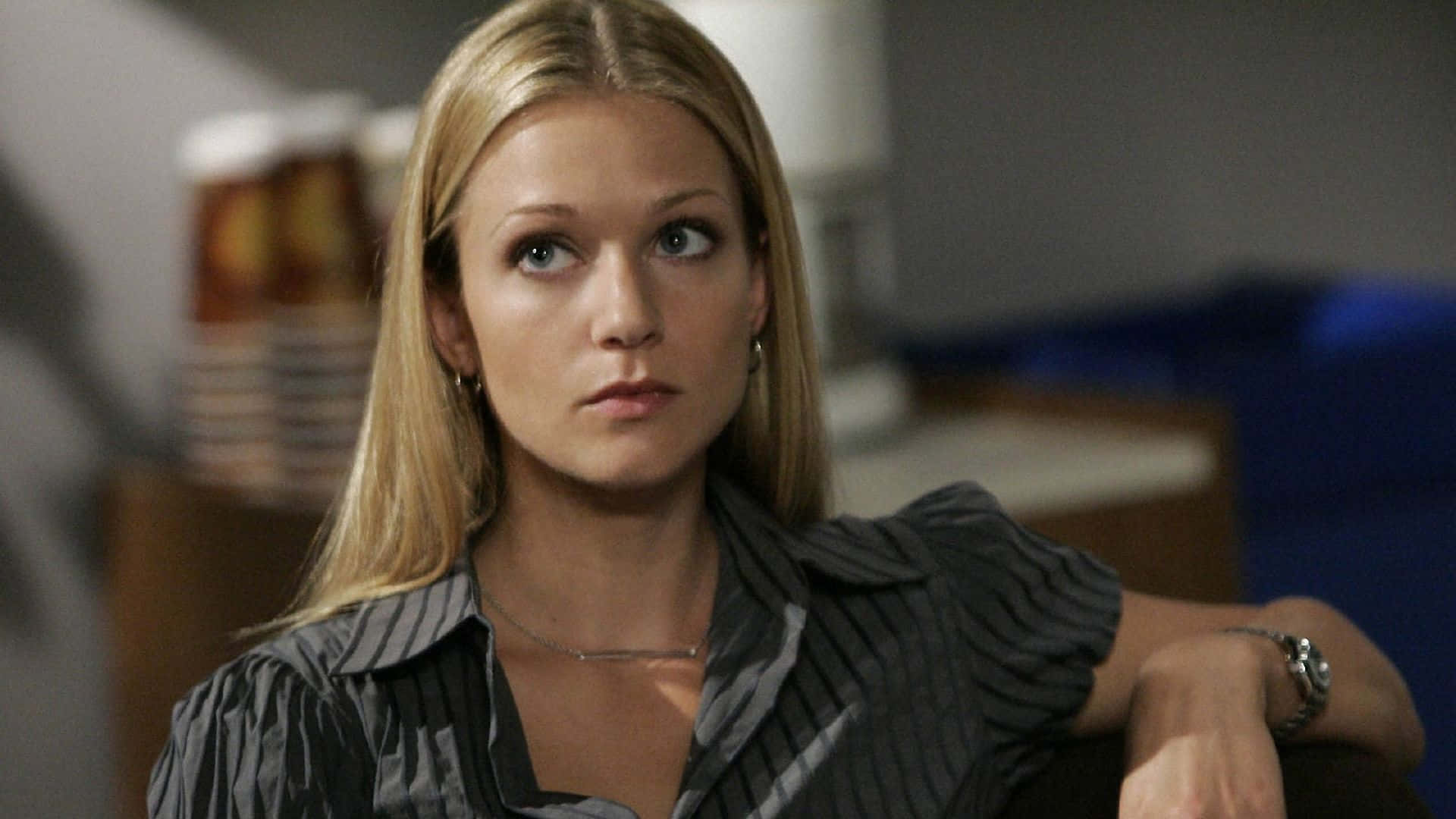 AJ Cook, striped shirt, blonde woman, Full HD Desktop Wallpaper