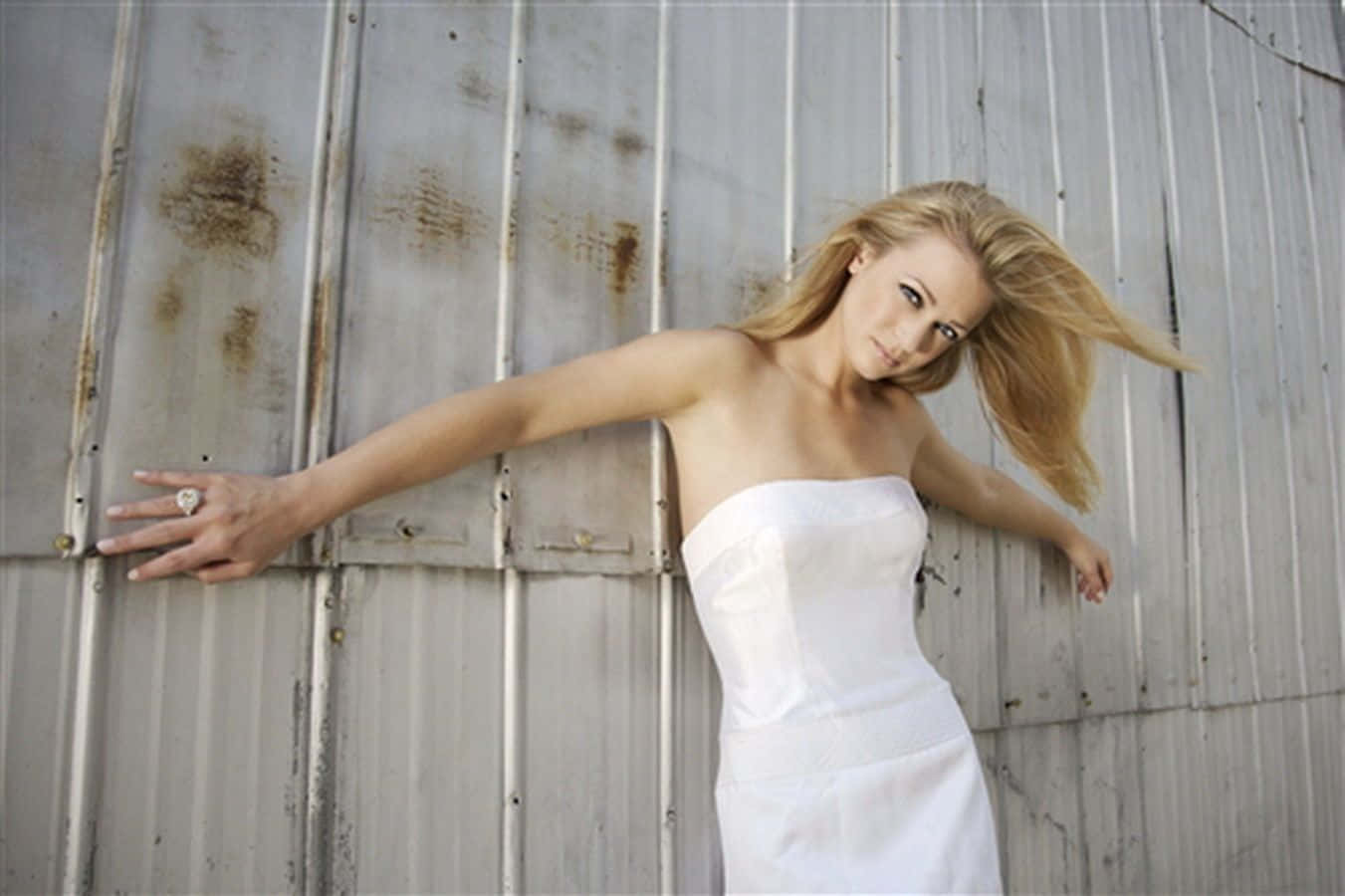 AJ Cook, white strapless dress, weathered metal wall, HD Desktop Wallpaper
