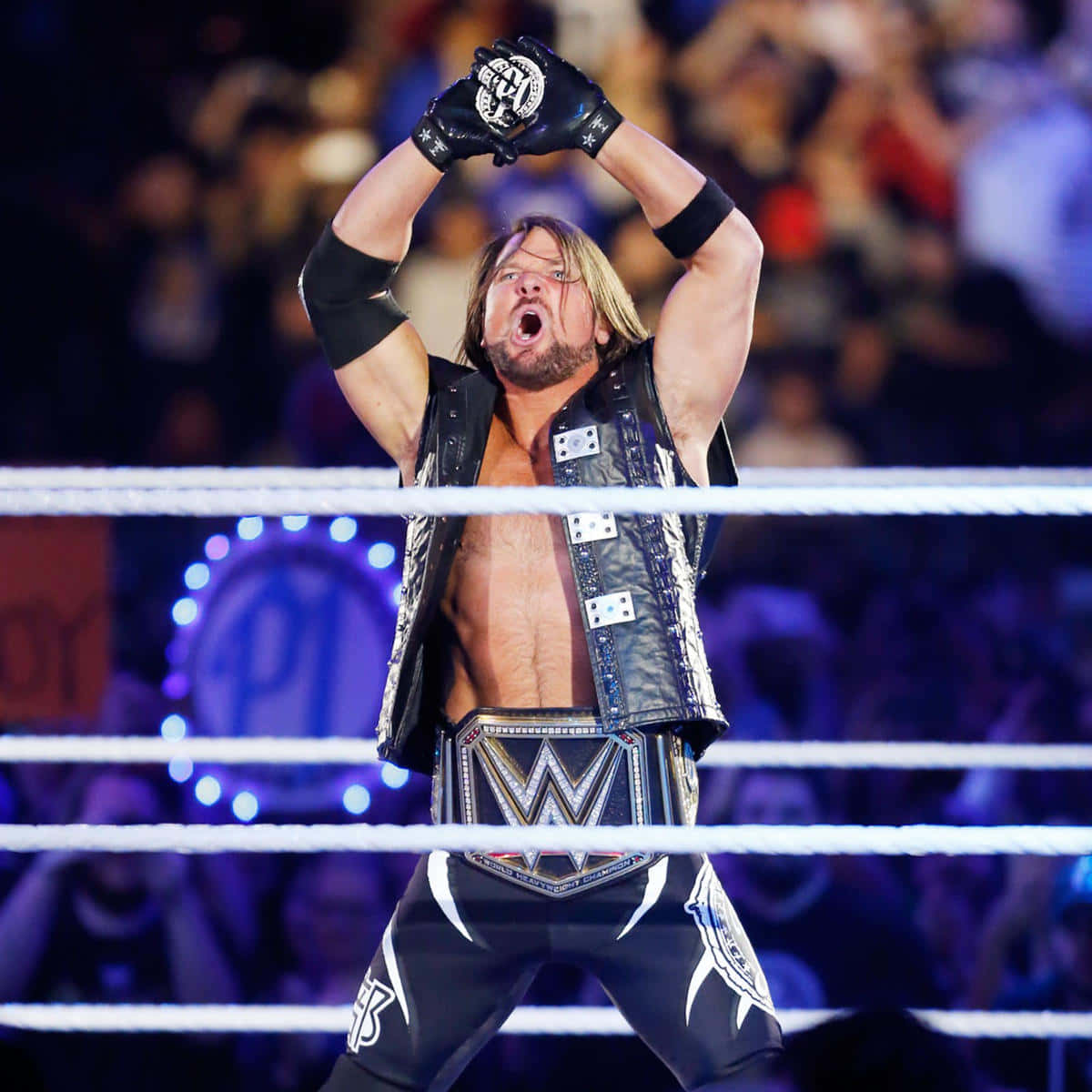 AJ Styles, black vest, championship belt, SD Desktop Wallpaper