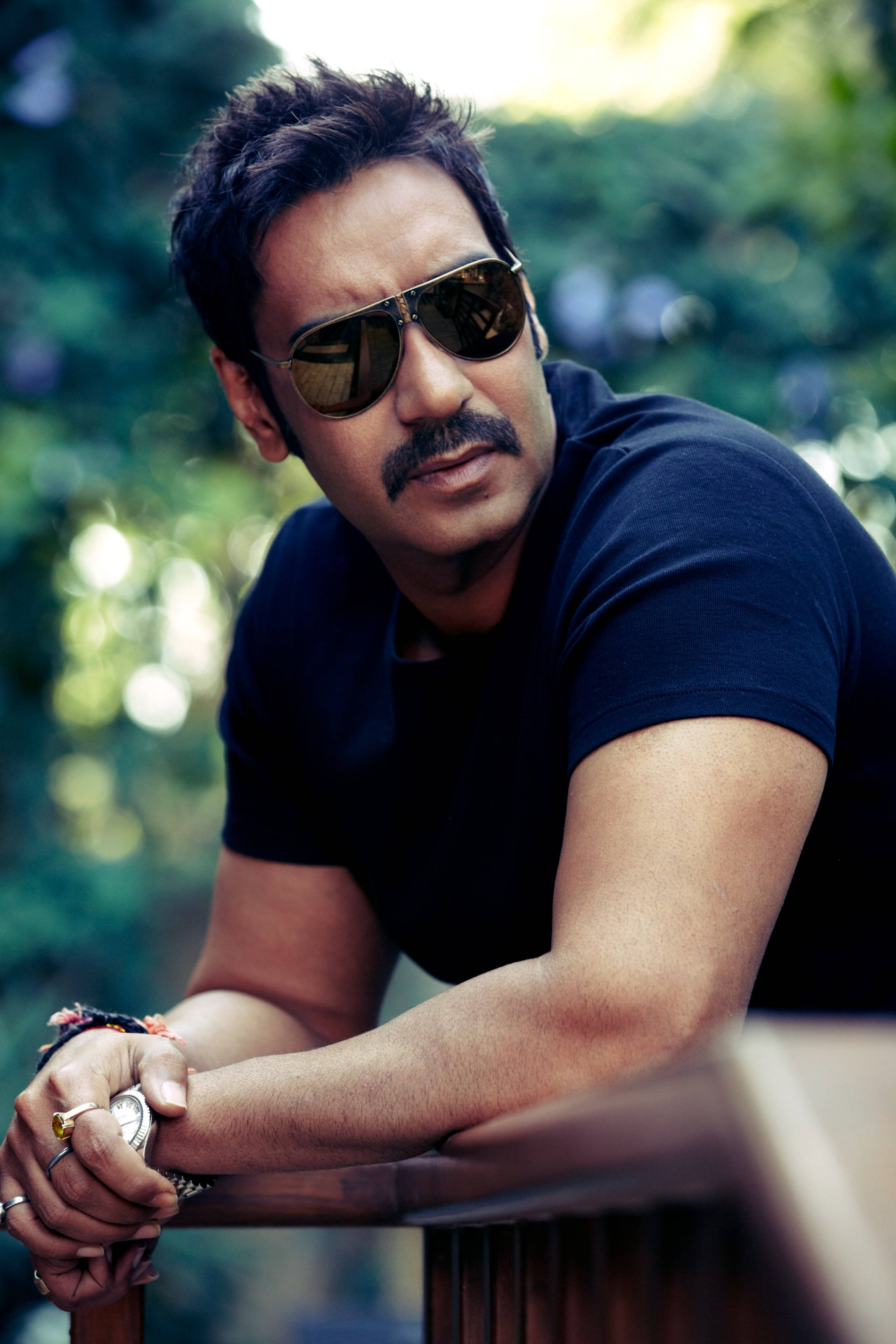 Ajay Devgn, aviator sunglasses, wooden railing, 2K Phone Wallpaper