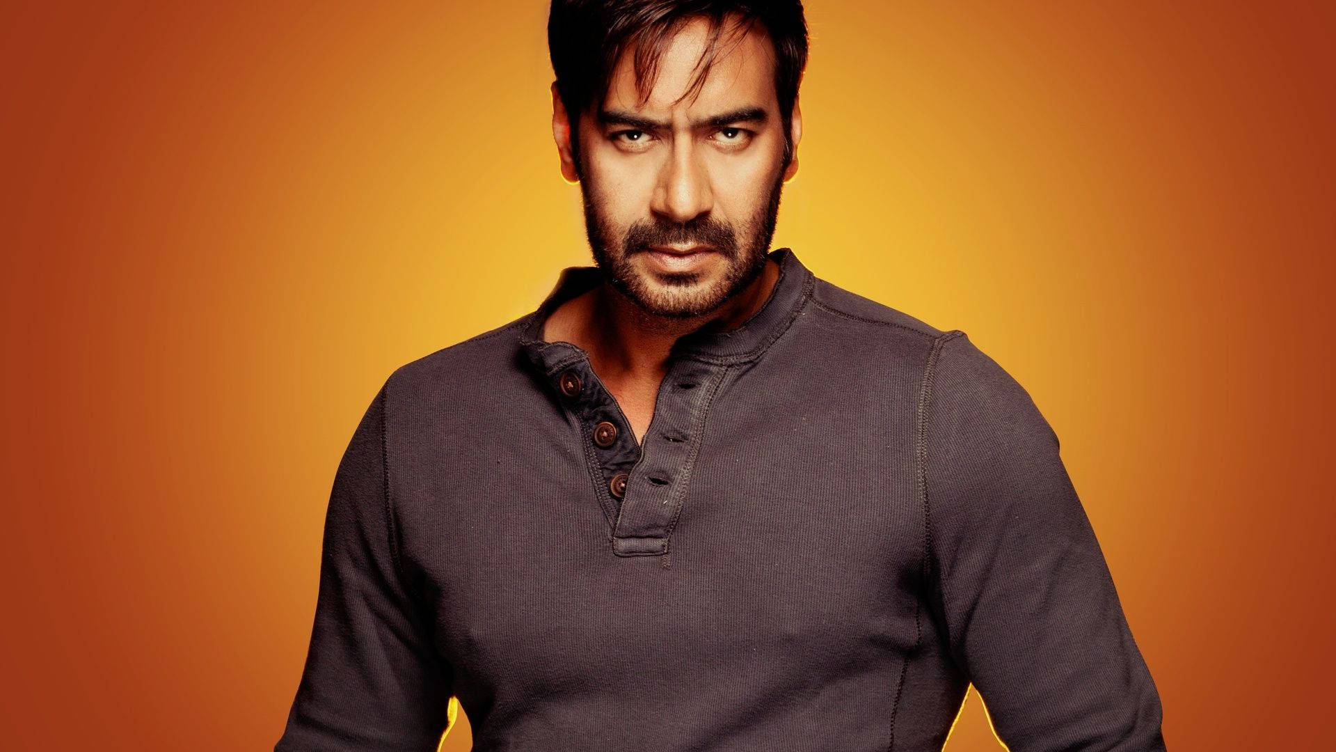 Ajay Devgn, fiery orange, dark henley shirt, Full HD Desktop Wallpaper