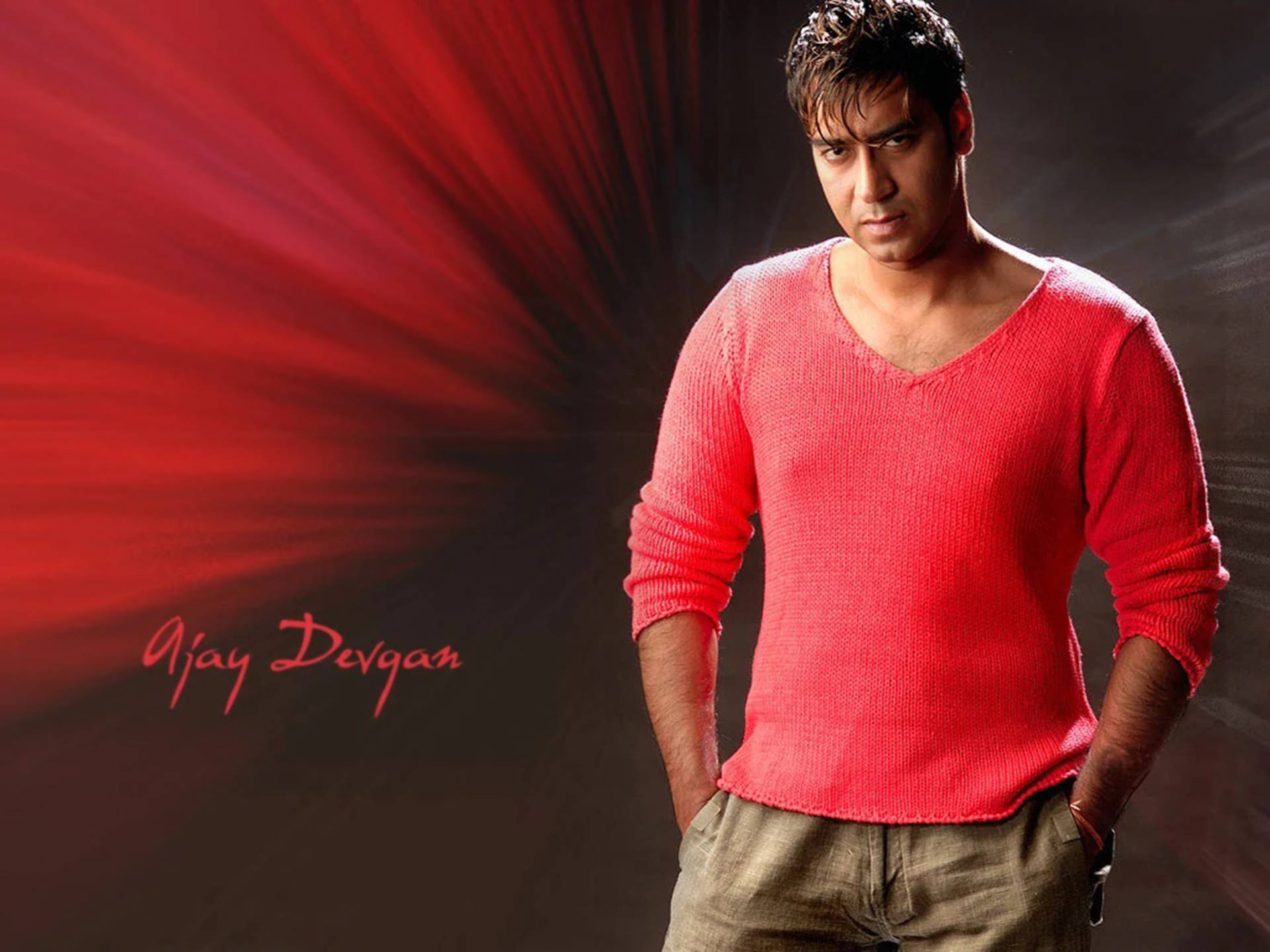 Ajay Devgn, red sweater, dramatic red radiating background, Full HD Desktop Wallpaper