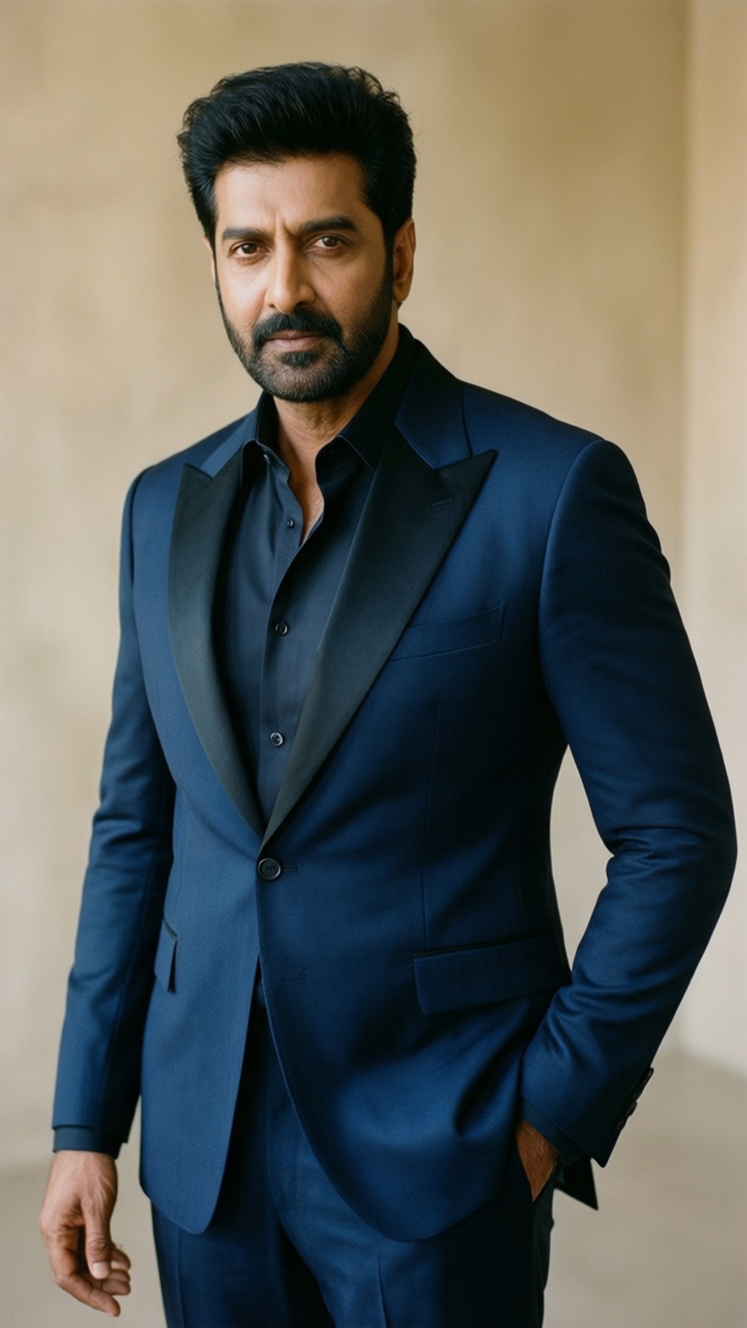 Ajay Devgn, navy tuxedo, minimalist background, Full HD Phone Wallpaper