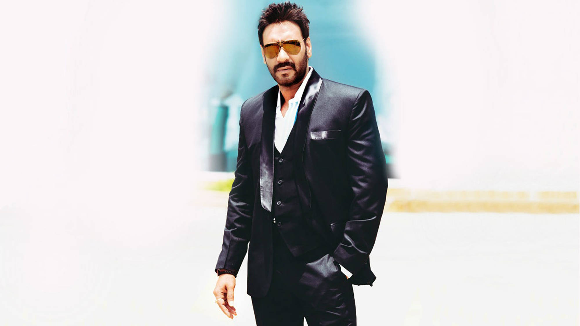 Ajay Devgn, black suit, gold-tinted sunglasses, Full HD Desktop Wallpaper