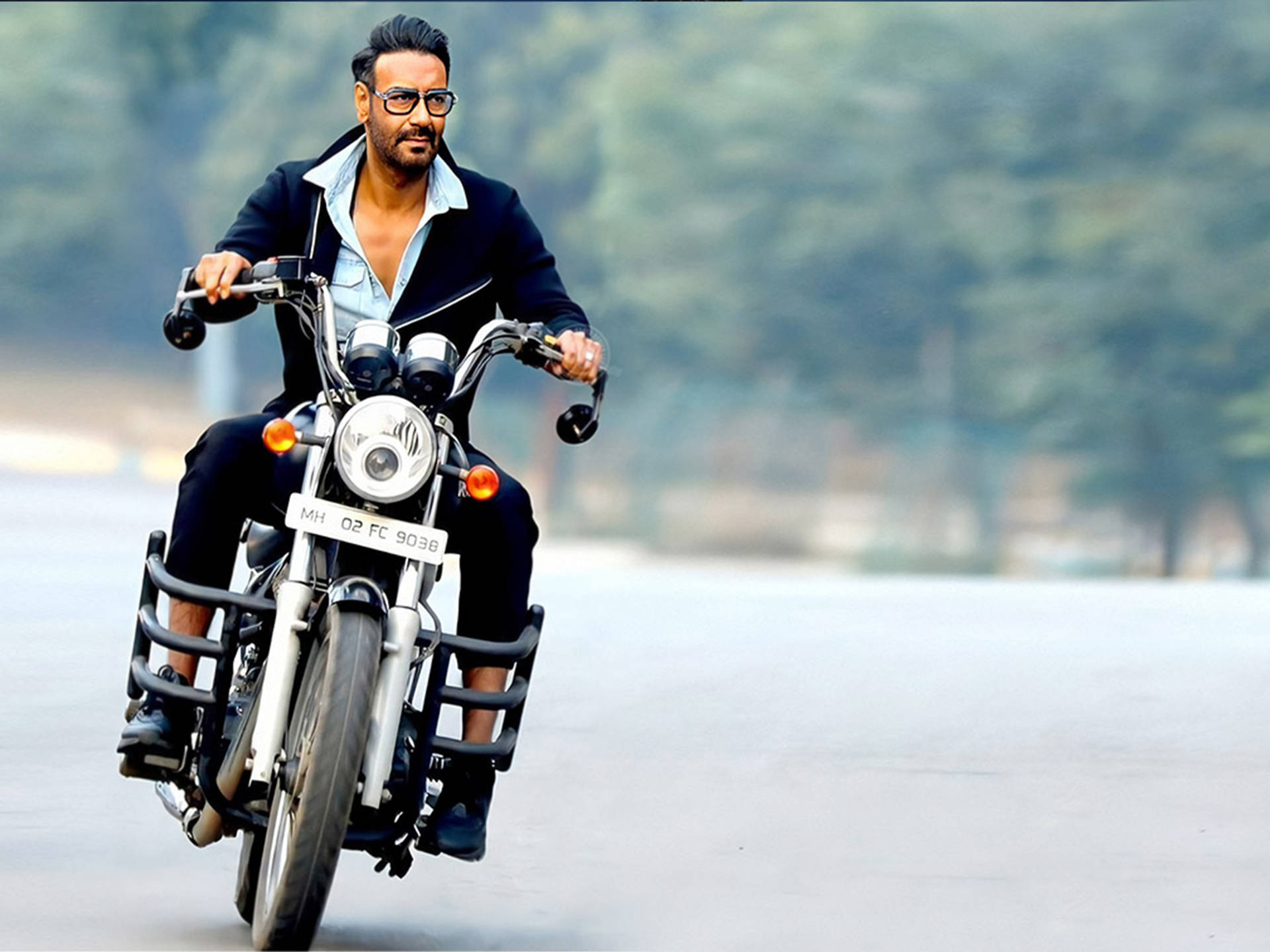Ajay Devgn, black motorcycle, paved road, Full HD Desktop Wallpaper