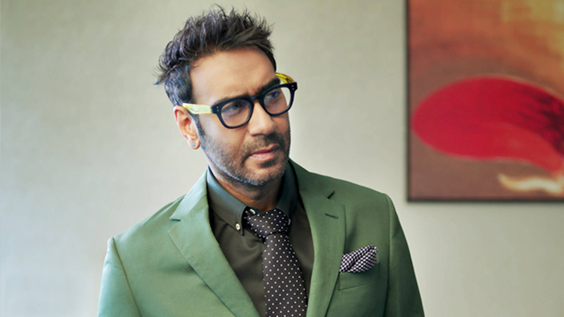 Ajay Devgn, green tuxedo, abstract art, Full HD Desktop Wallpaper