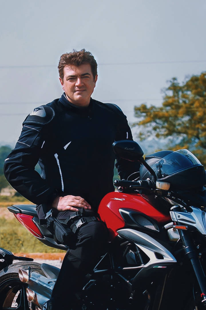 Ajith HD, black riding gear, red and black sport motorcycle, SD Phone Wallpaper