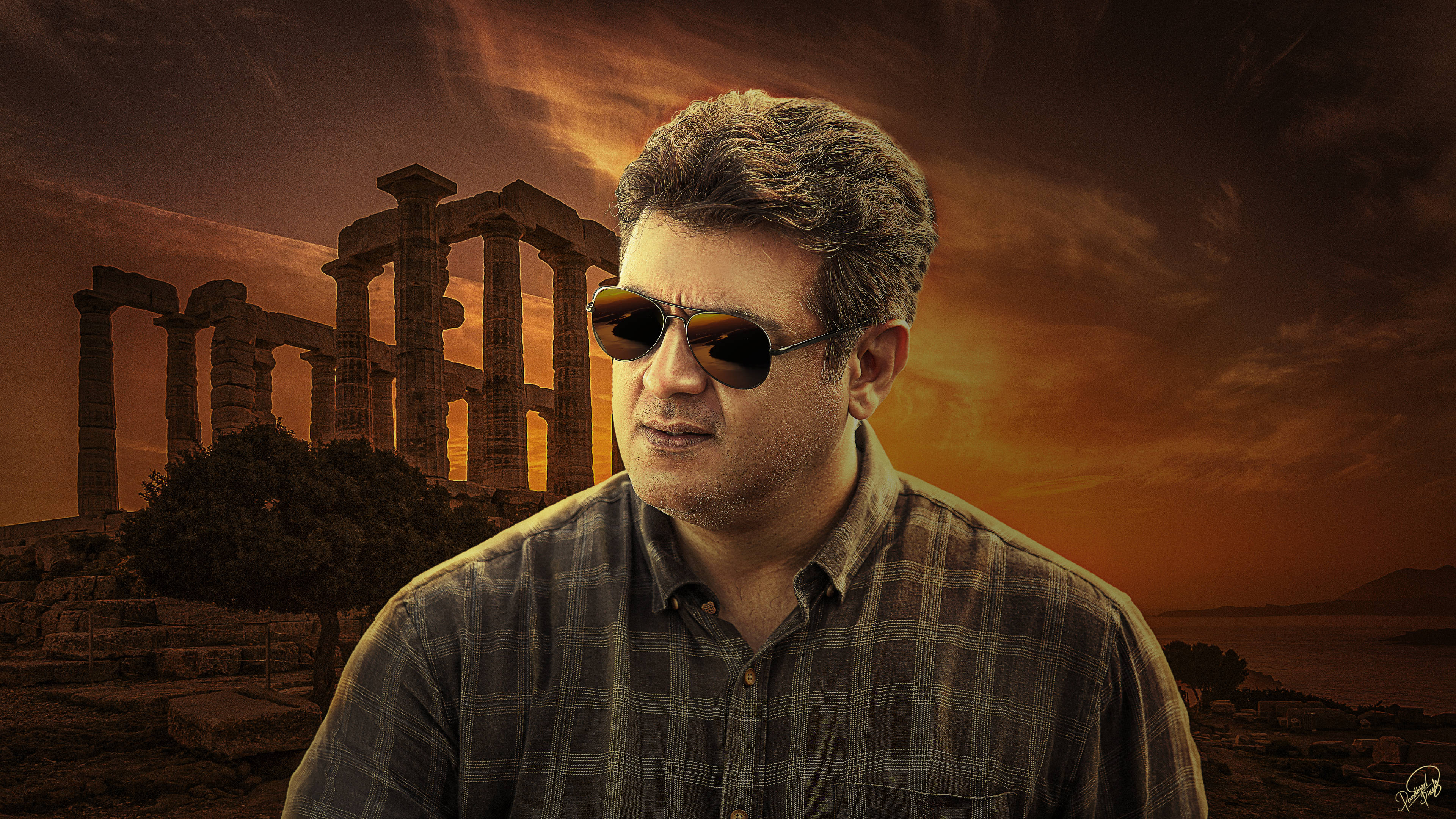 Ajith, ancient temple ruins, fiery orange sunset sky, 4K Desktop Wallpaper