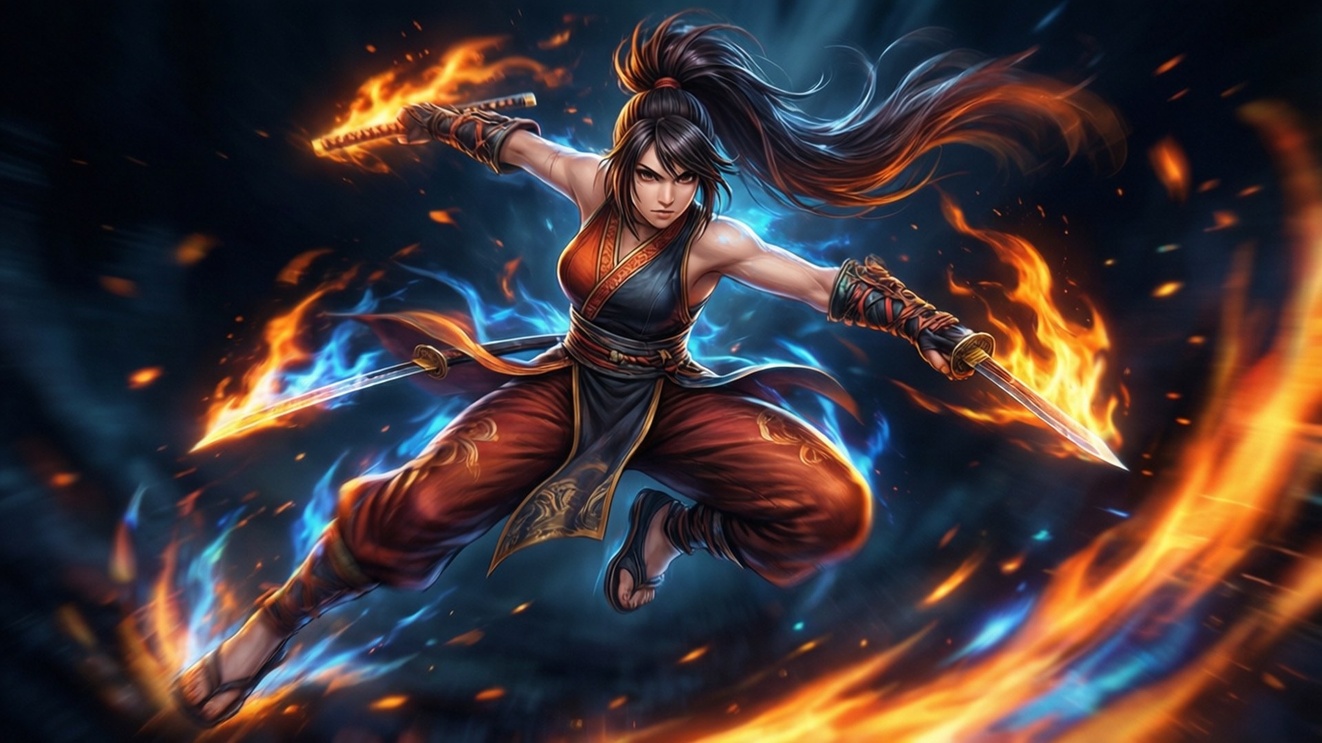 Akali, leaping assassin, fire effects, Full HD Desktop Wallpaper