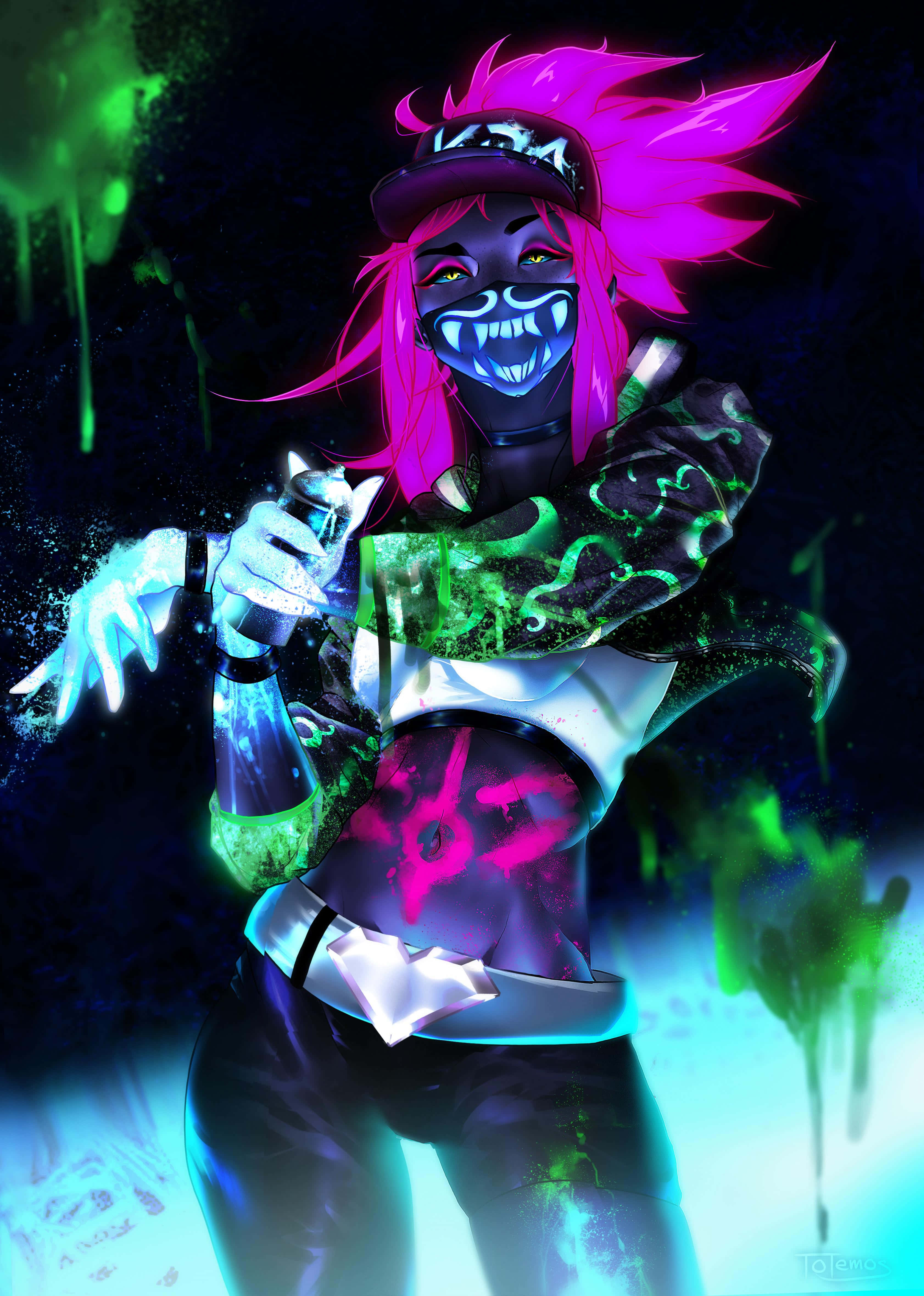 Neon Akali, neon-pink-haired, glowing green paint splatters, 4K Phone Wallpaper