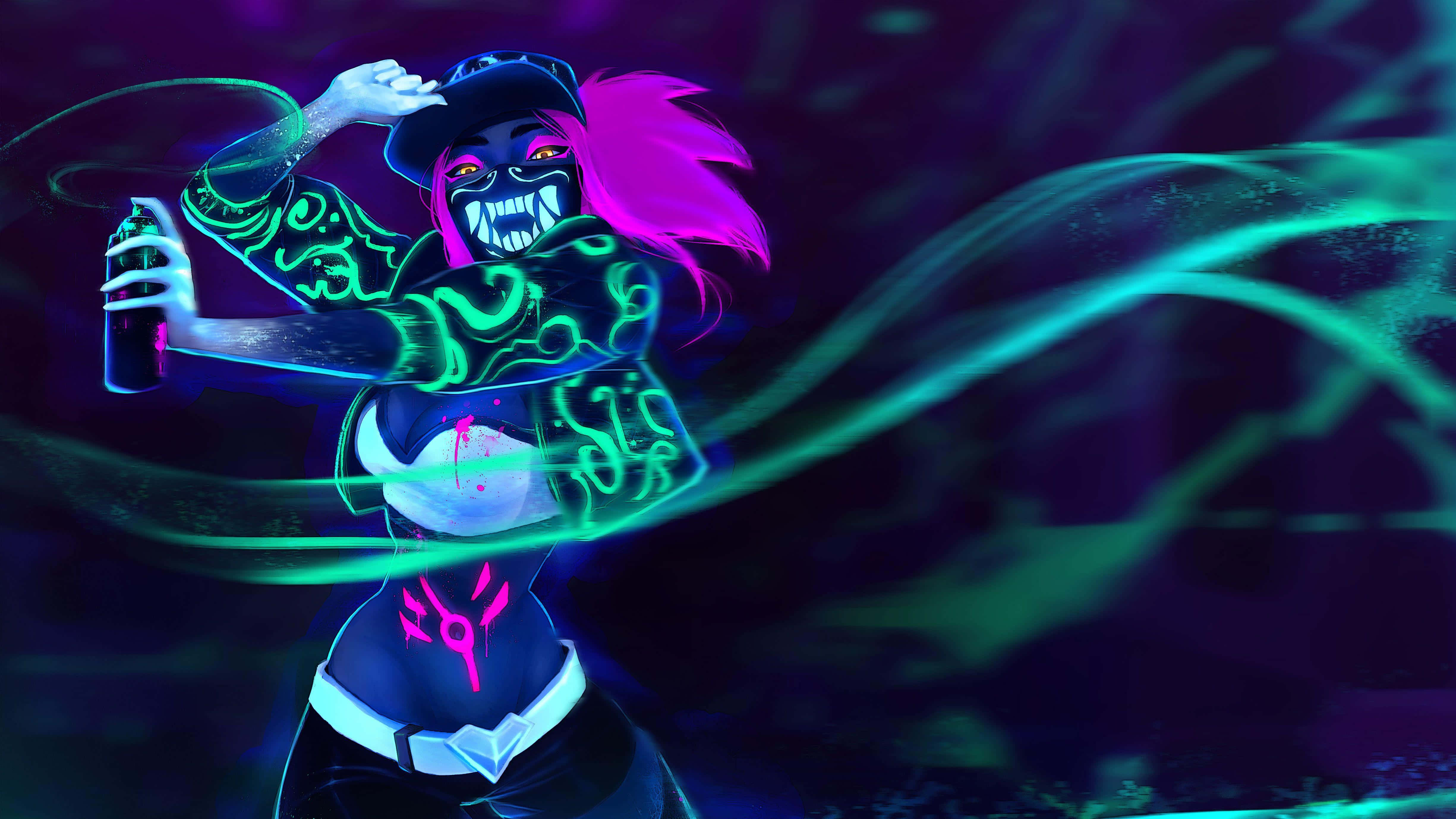 Akali, glowing green tattoos, pink hair, 4K Desktop Wallpaper