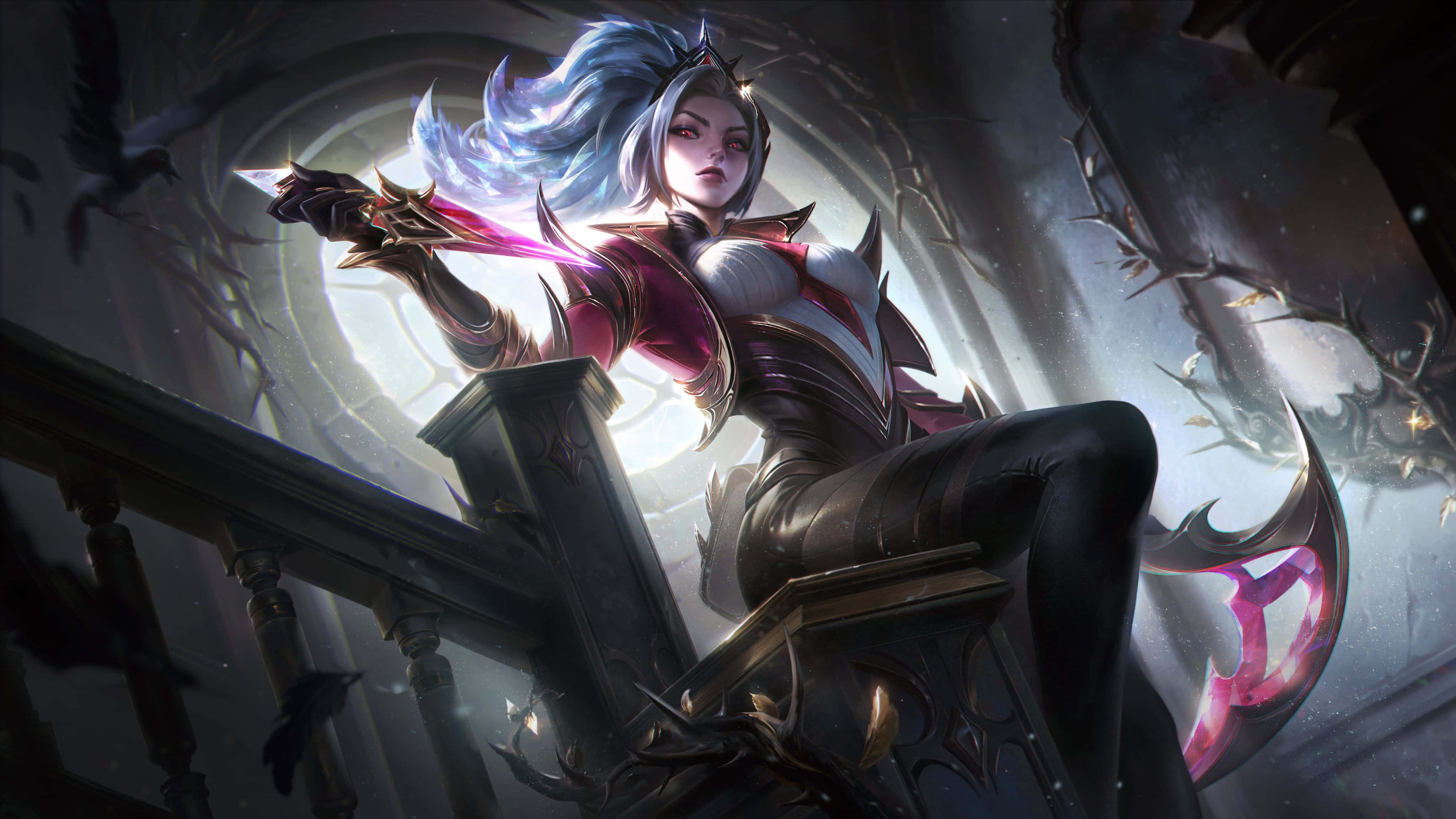 Akali, glowing blue hair, pink blade, 4K Desktop Wallpaper