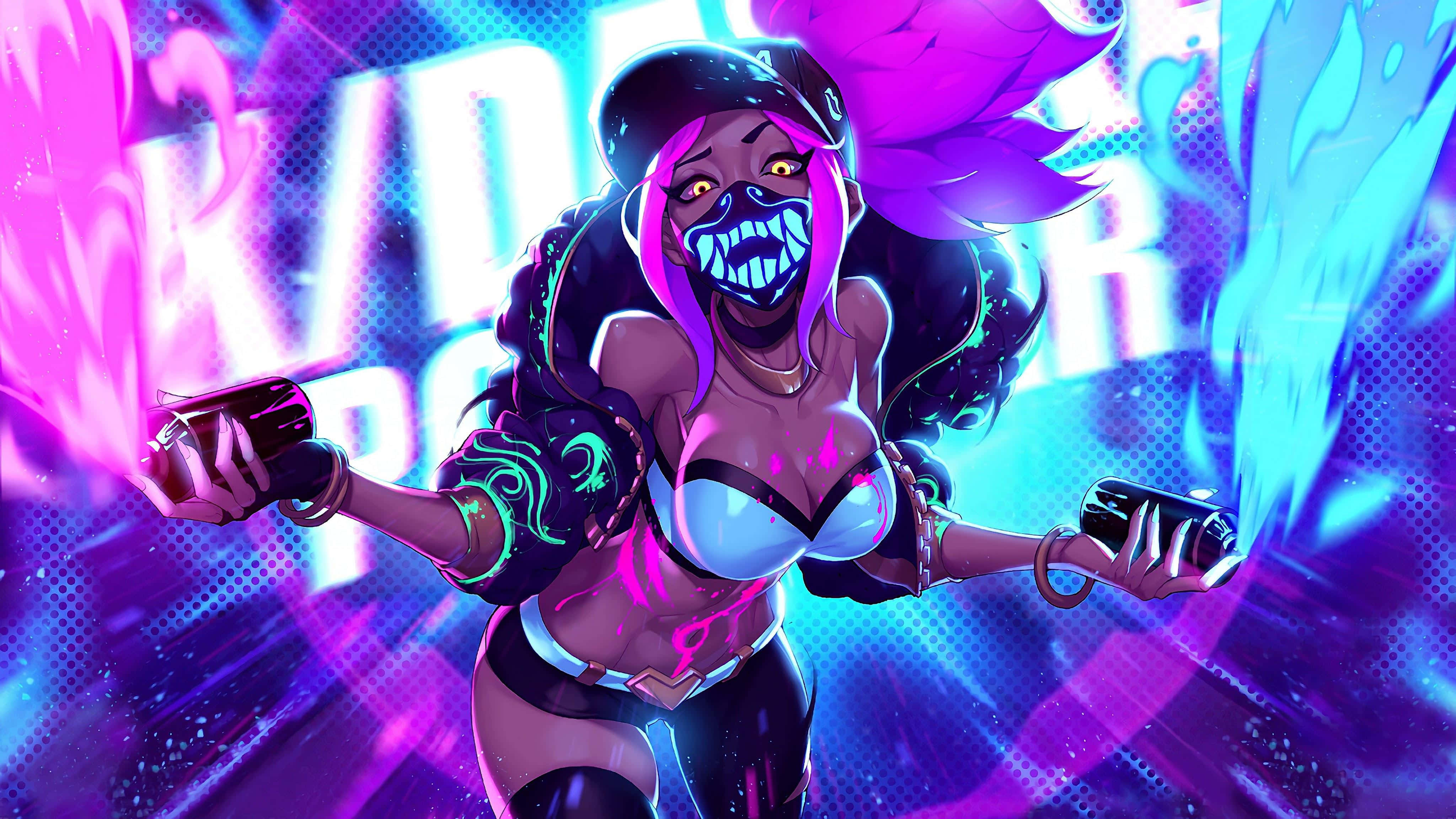 K D A Akali, graffiti splash art, purple hair, 4K Desktop Wallpaper