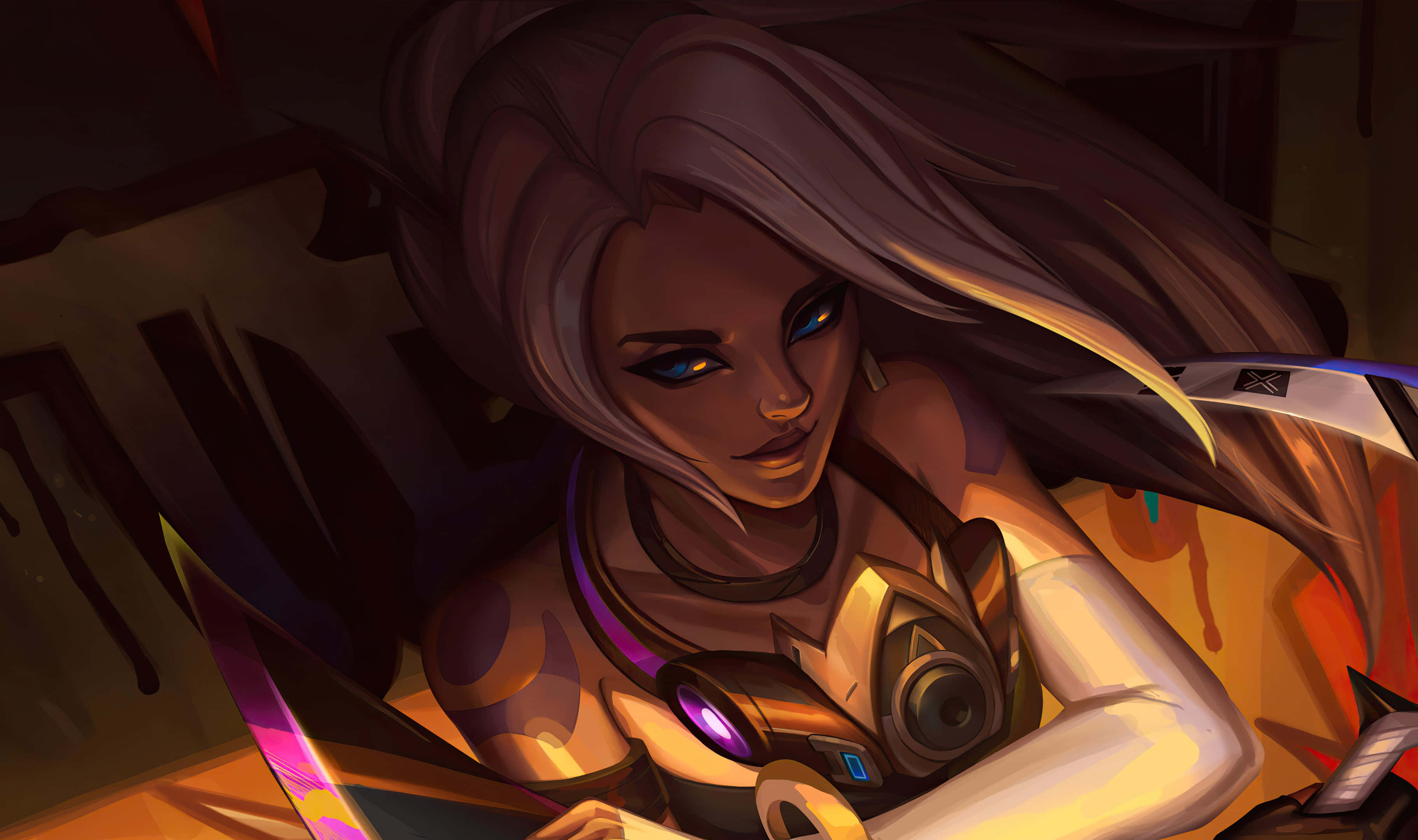 Akali, glowing blue eyes, flowing dark hair, 2K Desktop Wallpaper