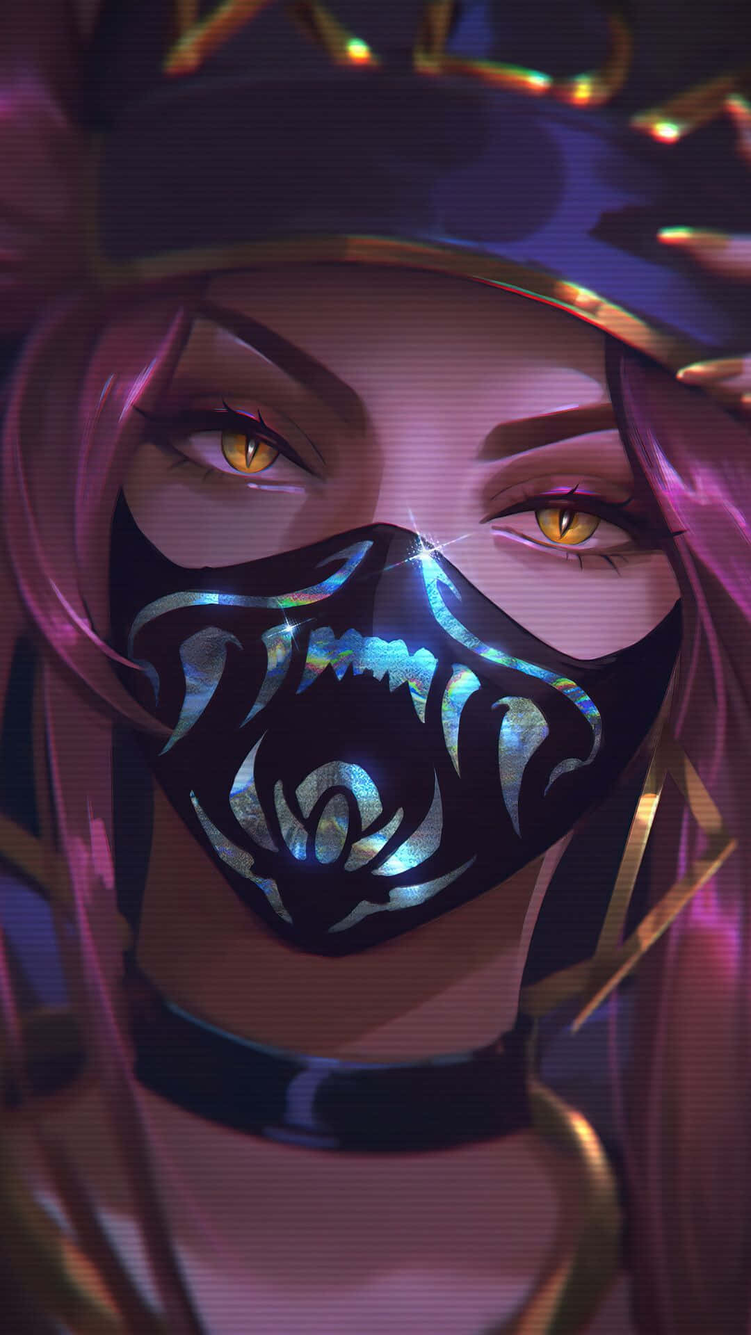 Akali, glowing amber eyes, glowing blue mask, Full HD Phone Wallpaper
