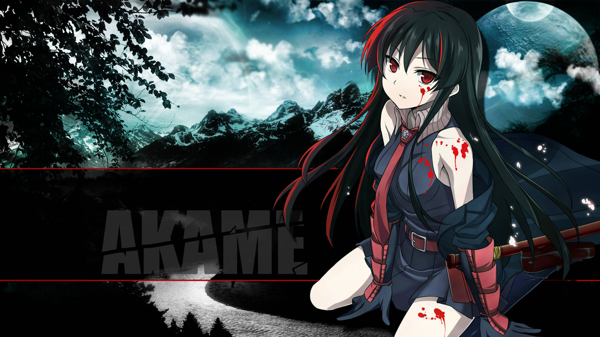 Akame Ga Kill, Akame, moonlit mountain range, Full HD Desktop Wallpaper