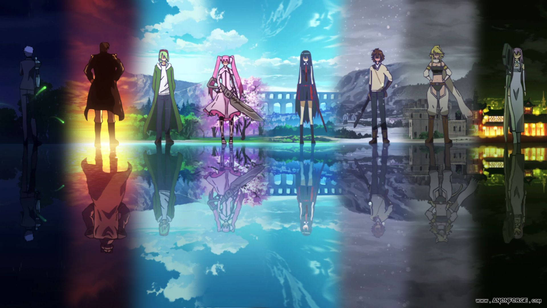 Akame Ga Kill, Seven anime characters, reflective pool, Full HD Desktop Wallpaper