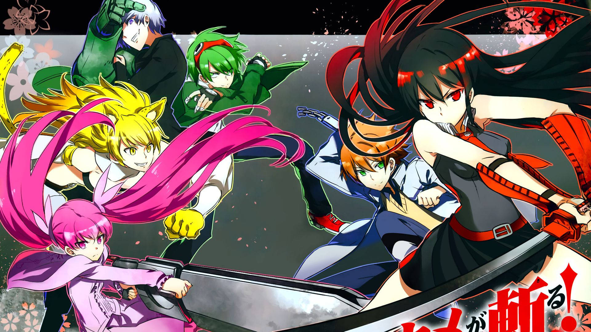 Akame Ga Kill, pink and red hair, dark cherry blossom backdrop, Full HD Desktop Wallpaper