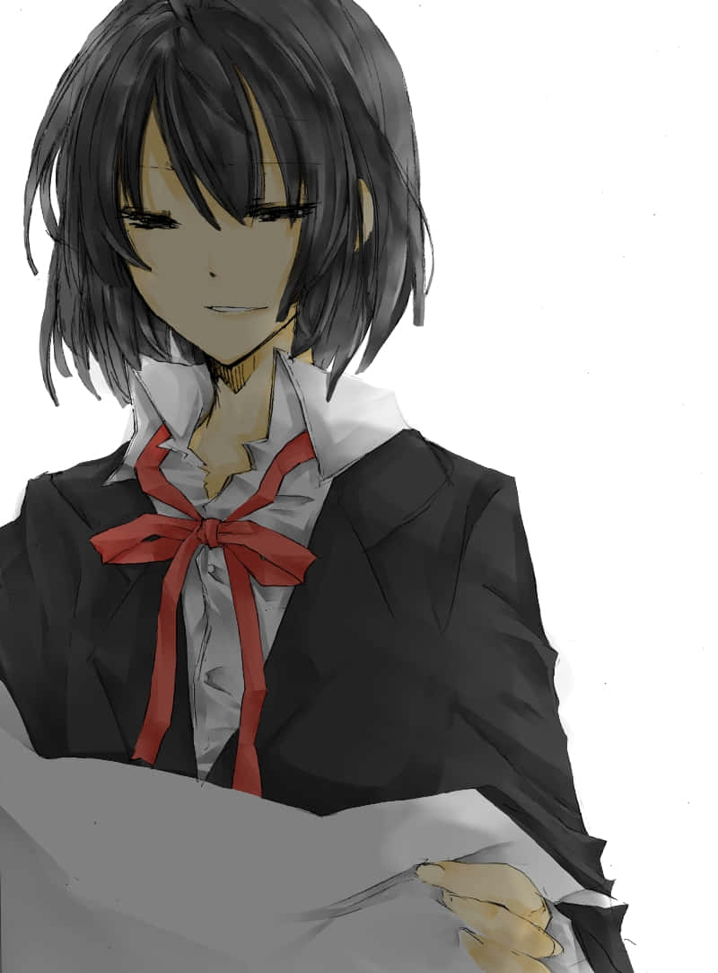 Akane Awakusu, short black hair, red bow, SD Phone Wallpaper