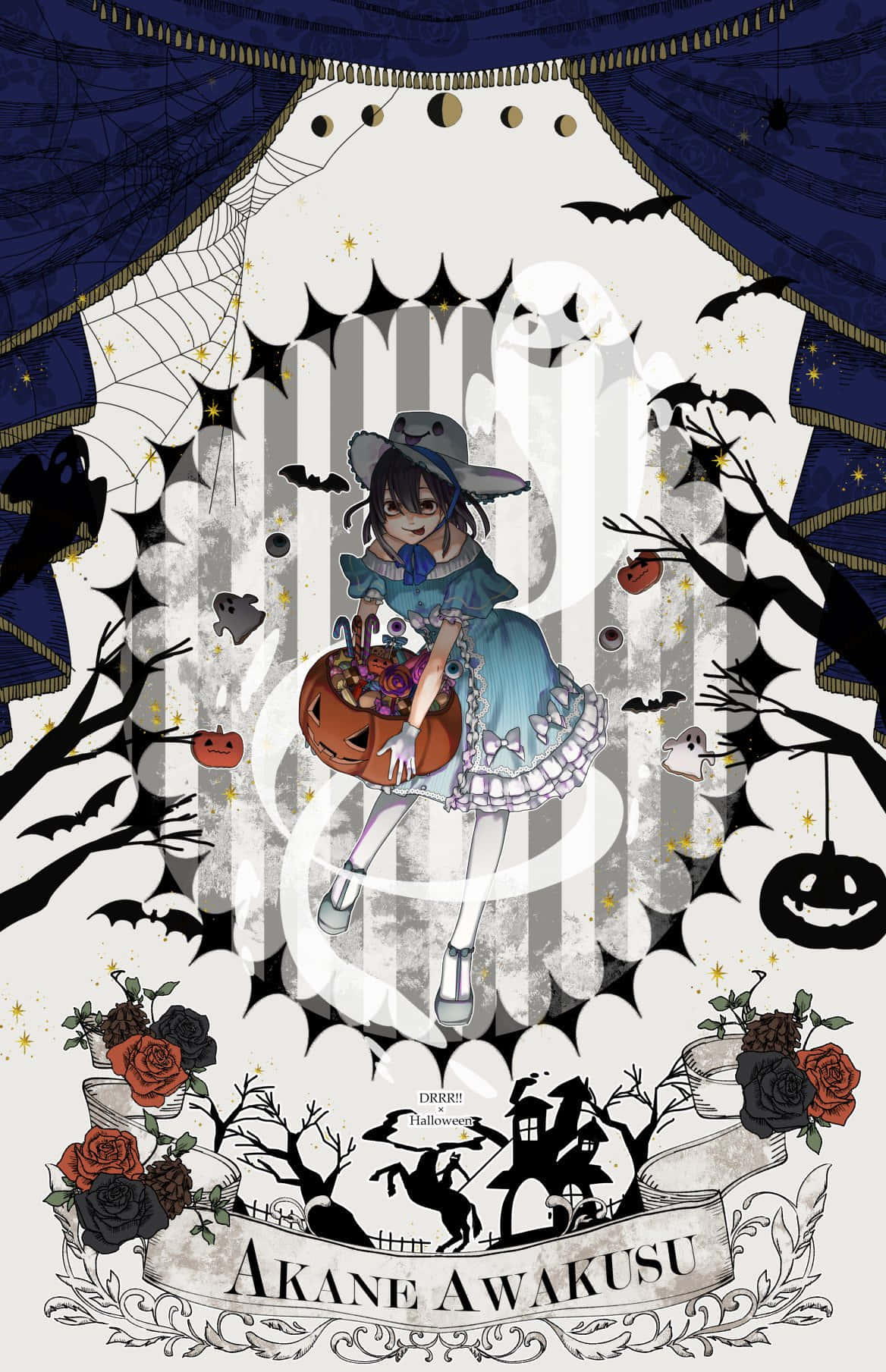 Akane Awakusu, blue dress, pumpkin basket, HD Phone Wallpaper