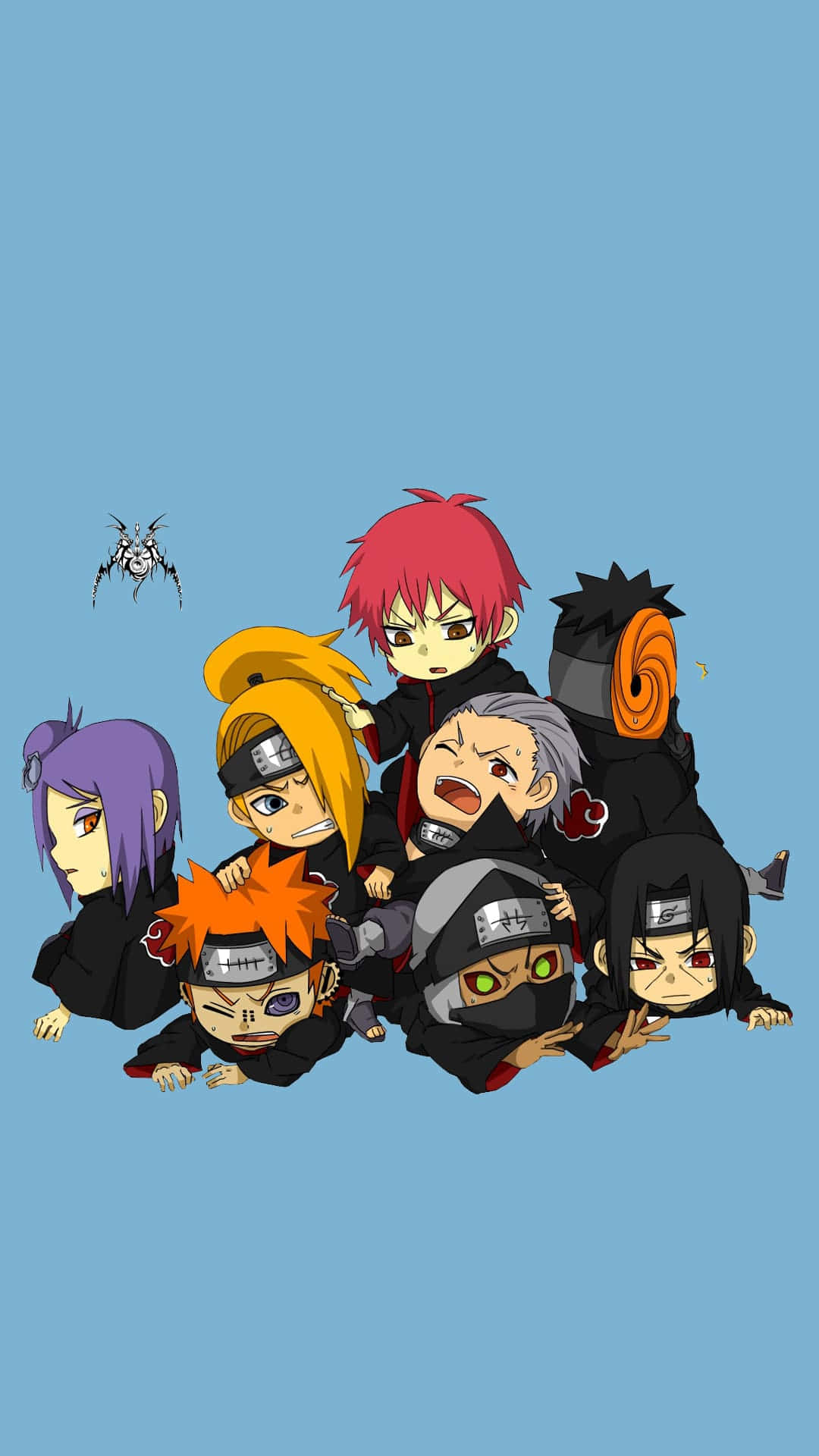 Akatsuki Chibi, black cloaks, solid blue background, Full HD Phone Wallpaper