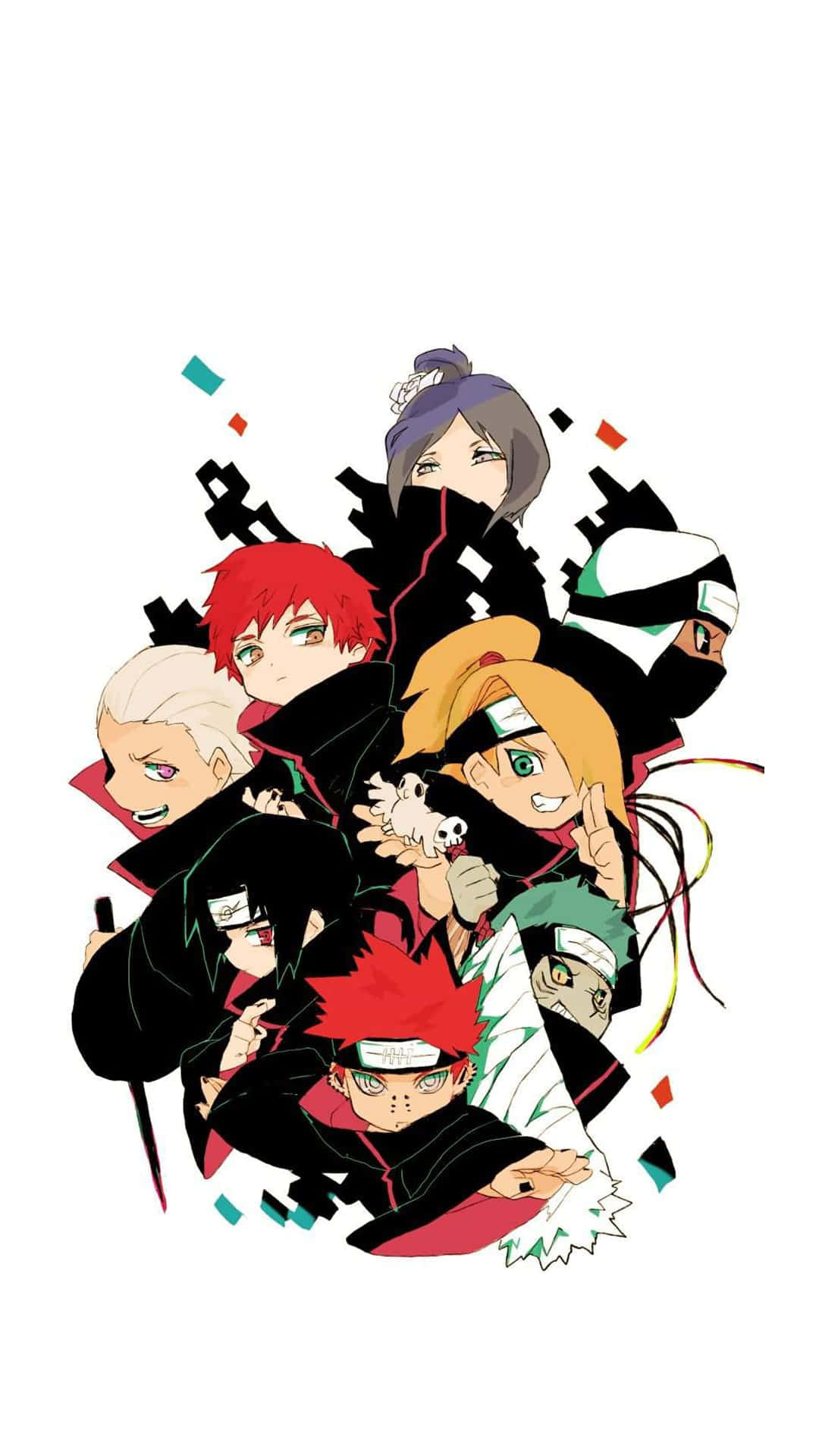Akatsuki Chibi, black cloaks, colorful confetti, Full HD Phone Wallpaper