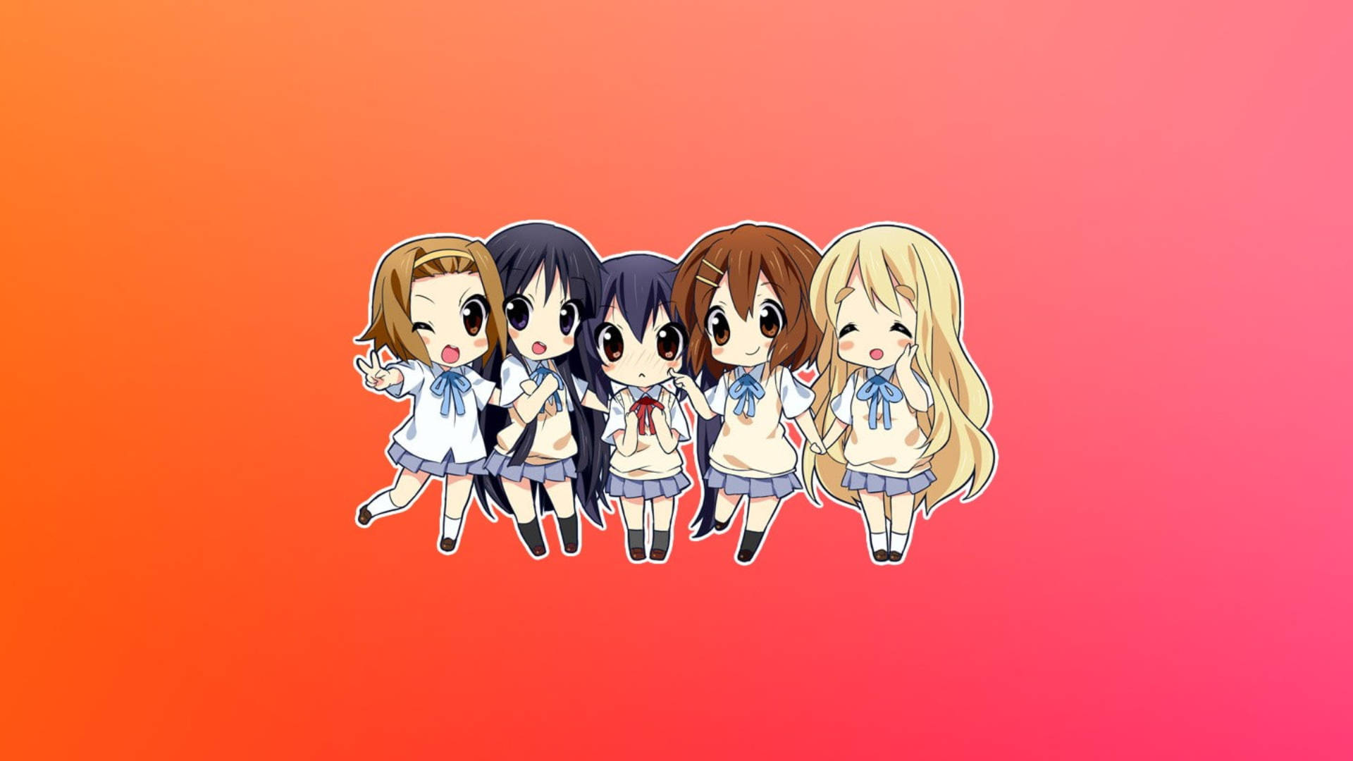 chibi anime girls, school uniforms, warm gradient orange to pink background, Full HD Desktop Wallpaper