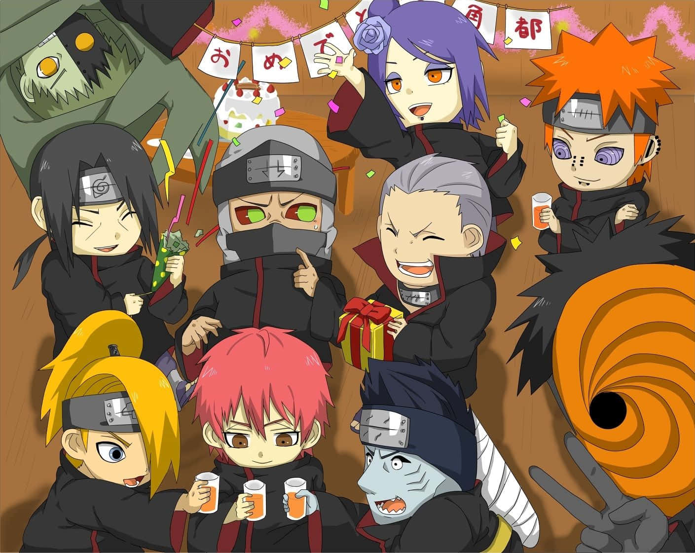 Akatsuki Chibi, chibi anime ninjas, festive party, HD Desktop Wallpaper