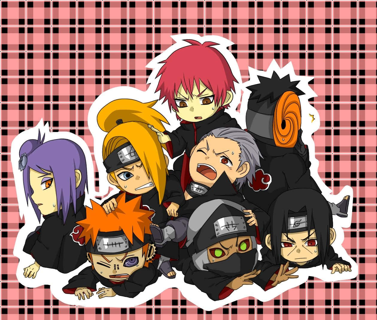 Akatsuki Chibi, black cloaks, pink and black checkered background, SD Desktop Wallpaper