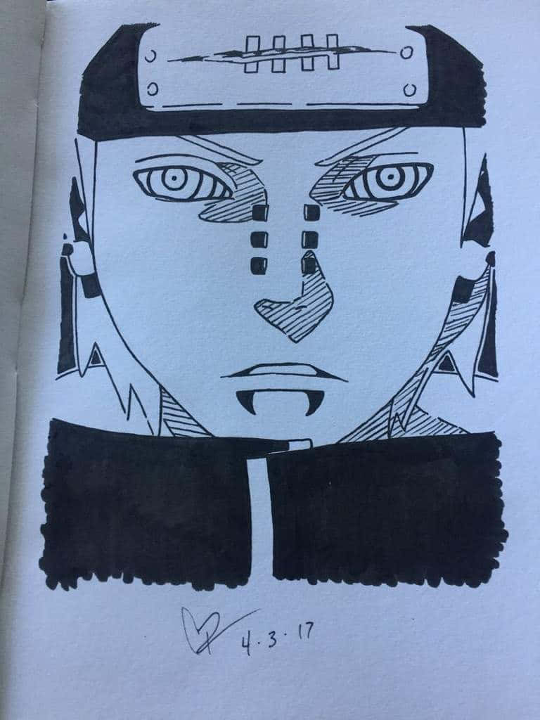 Akatsuki Drawing, black and white ink drawing, stylized anime character, SD Phone Wallpaper