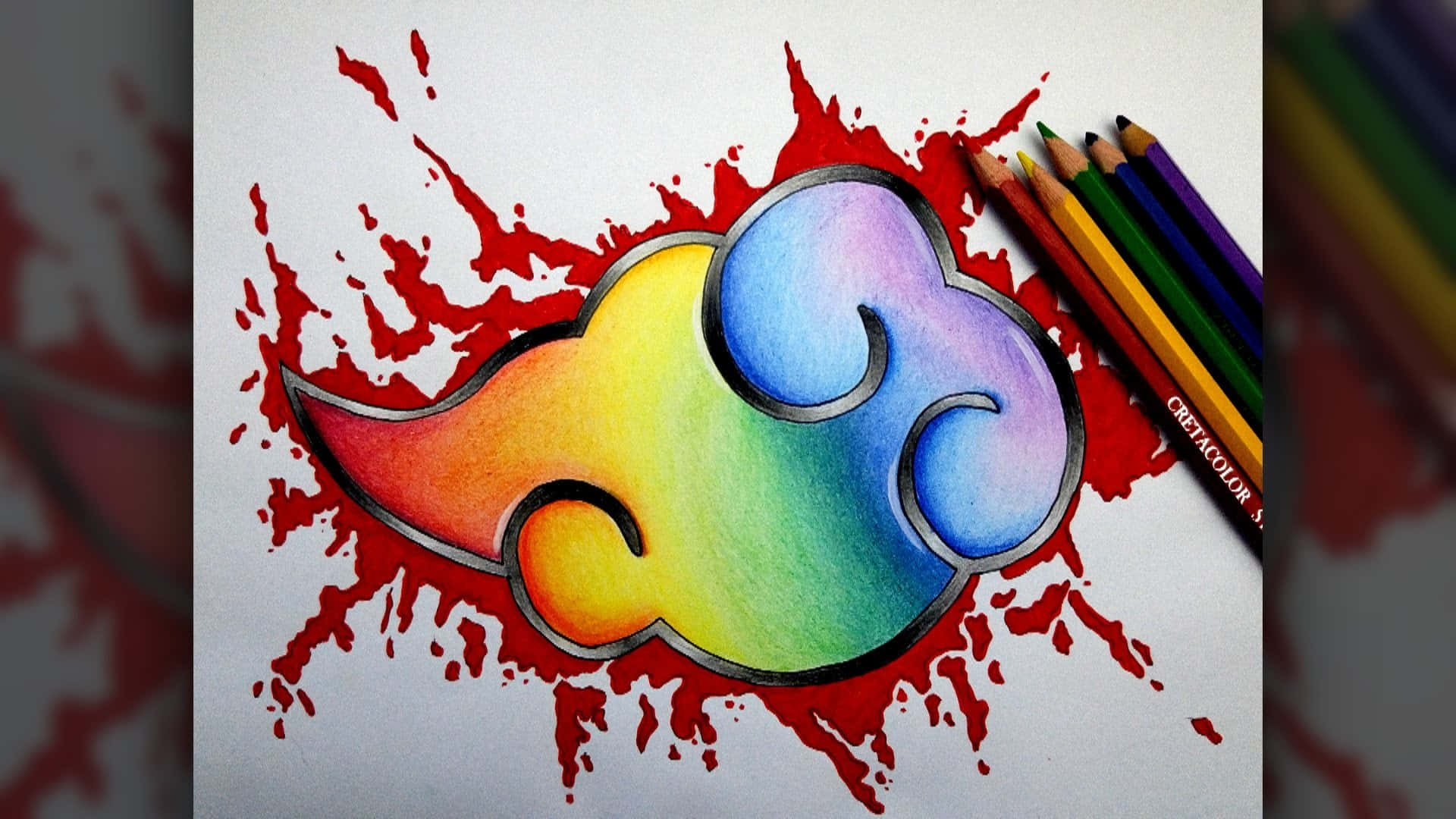 Akatsuki, rainbow-colored cloud symbol, red splatter background, Full HD Desktop Wallpaper