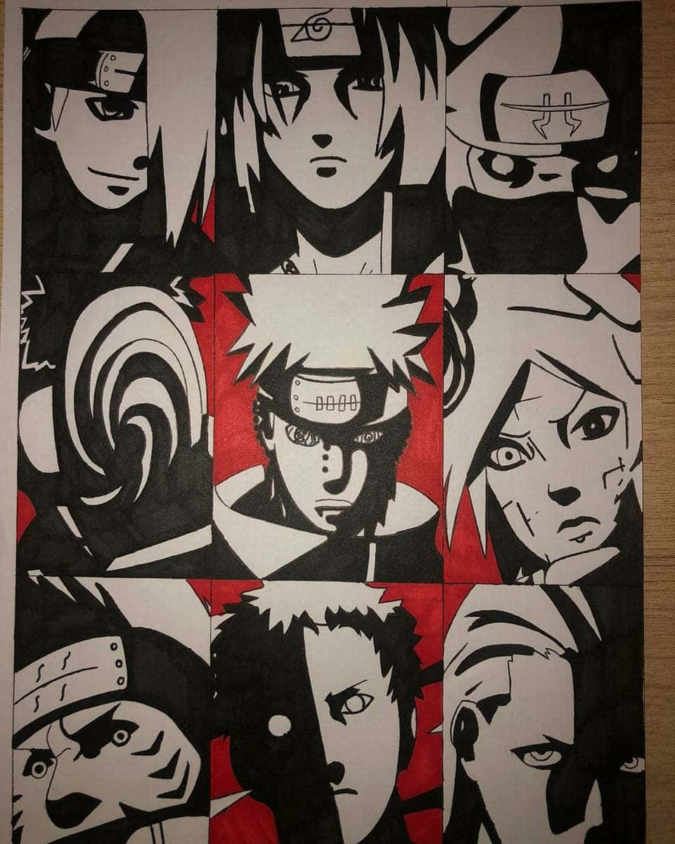 Akatsuki Drawing, black white and red, nine anime characters, SD Phone Wallpaper