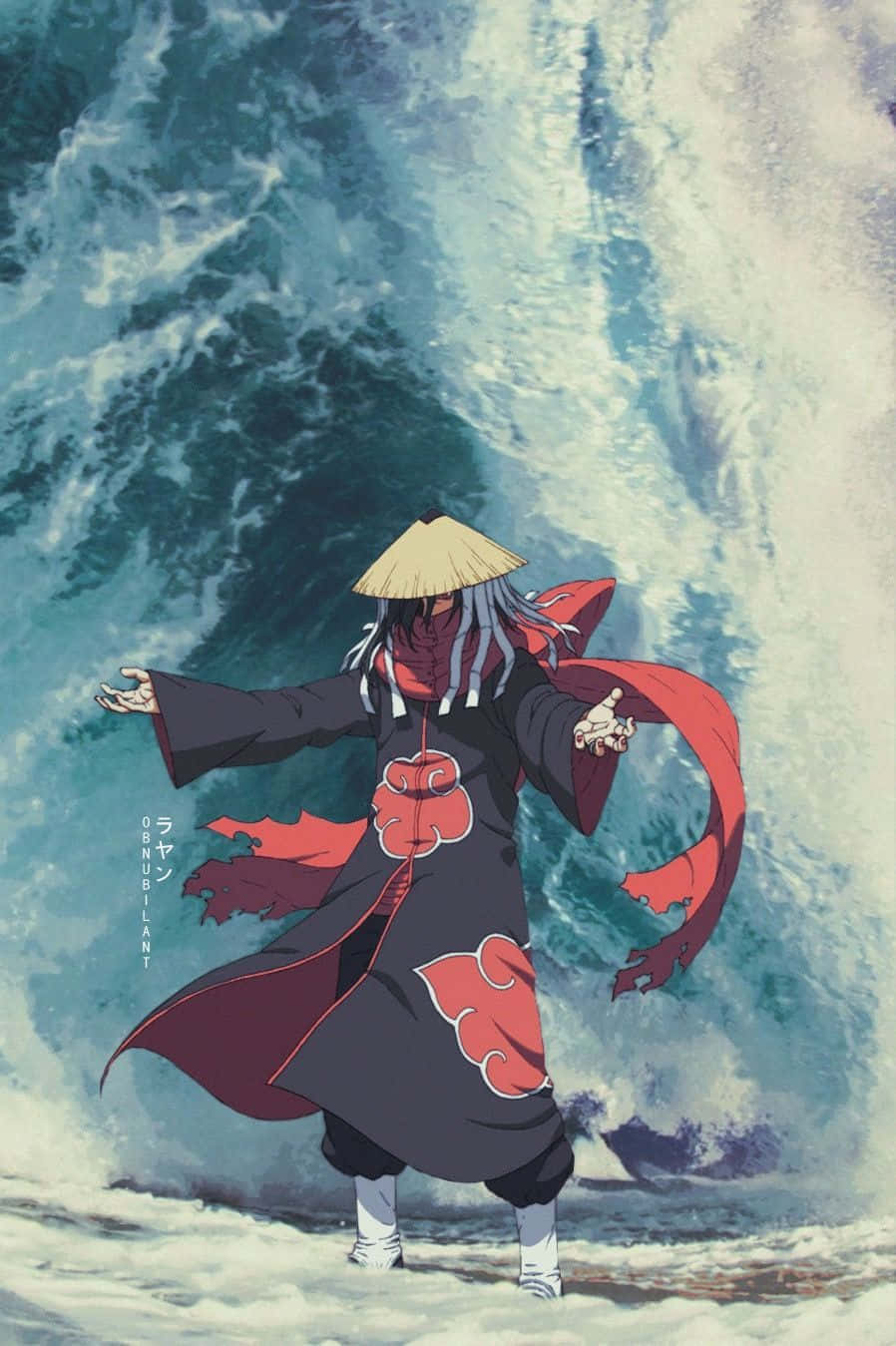 Akatsuki Hat, red cloud cloak, massive crashing wave, HD Phone Wallpaper