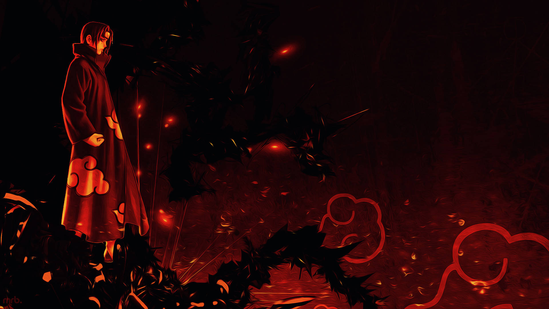 Akatsuki Itachi, red cloud-patterned cloak, crimson glow, Full HD Desktop Wallpaper