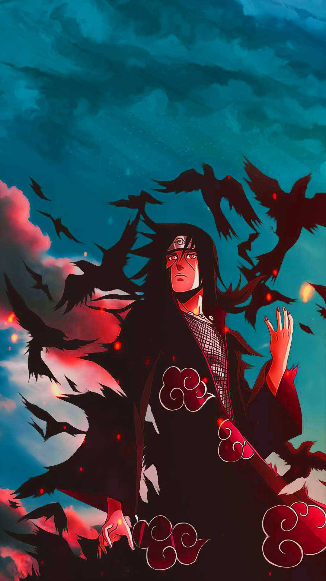 Akatsuki Itachi, crows, red cloud-patterned cloak, Full HD Phone Wallpaper