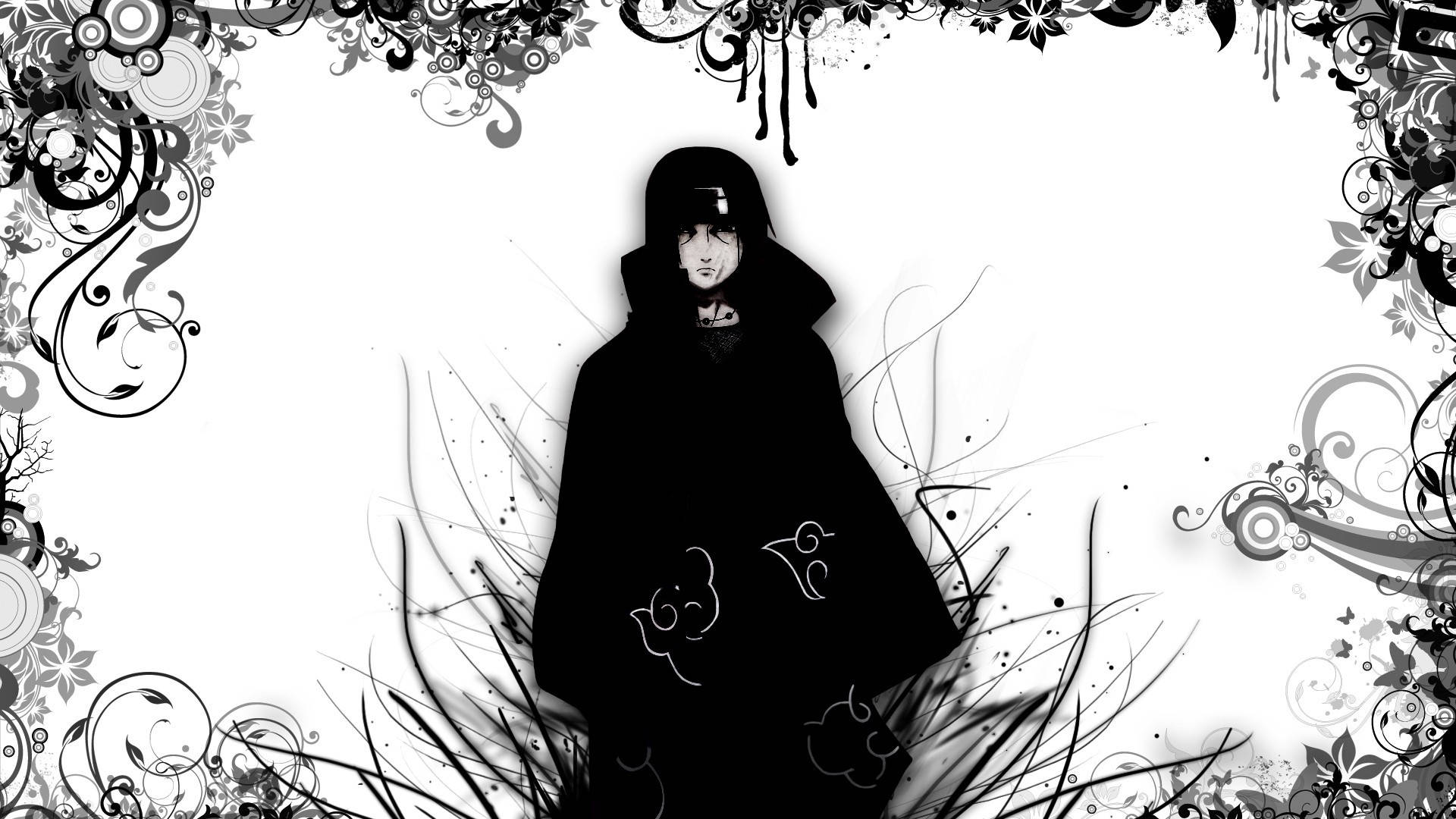 Akatsuki Itachi, black and white, dark cloak, Full HD Desktop Wallpaper
