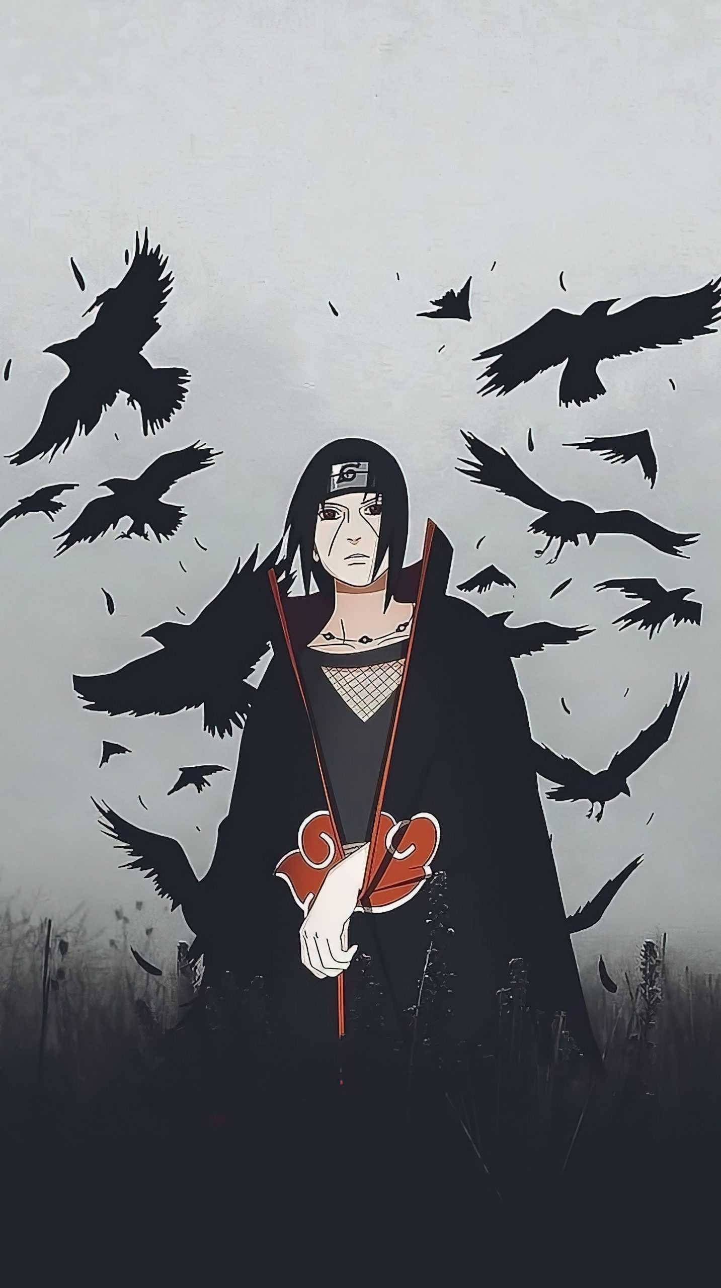 Akatsuki Itachi, black cloak, red clouds, 2K Phone Wallpaper