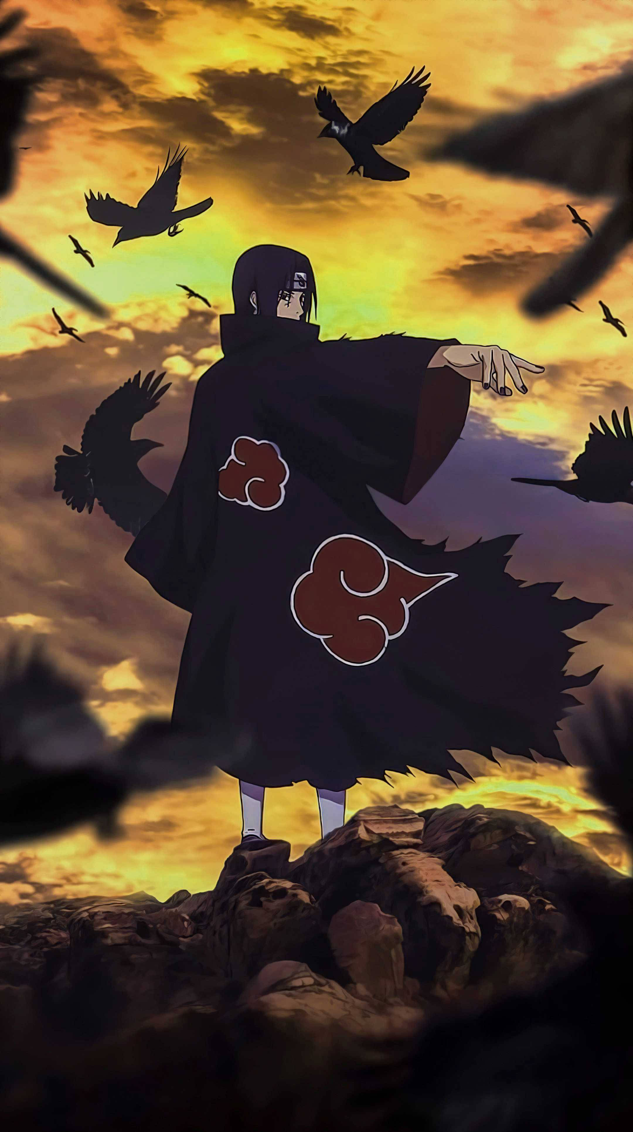 Akatsuki Itachi, black cloak with red clouds, rocky cliff, 4K Phone Wallpaper