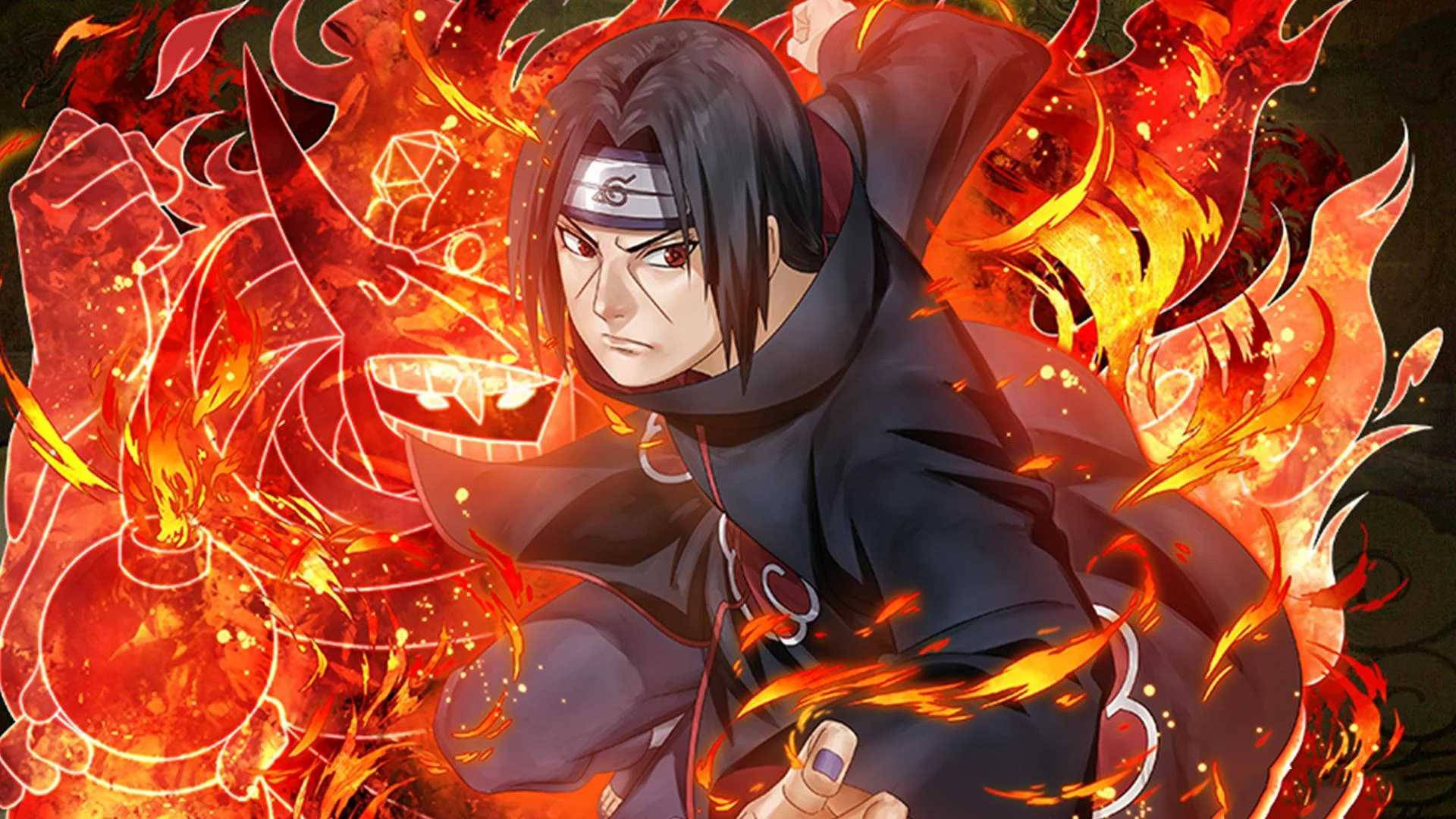 Akatsuki Itachi, red flames, orange flames, Full HD Desktop Wallpaper