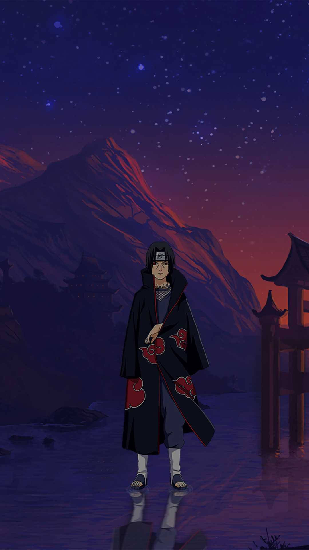 Akatsuki Itachi, black cloak with red clouds, reflective path, Full HD Phone Wallpaper