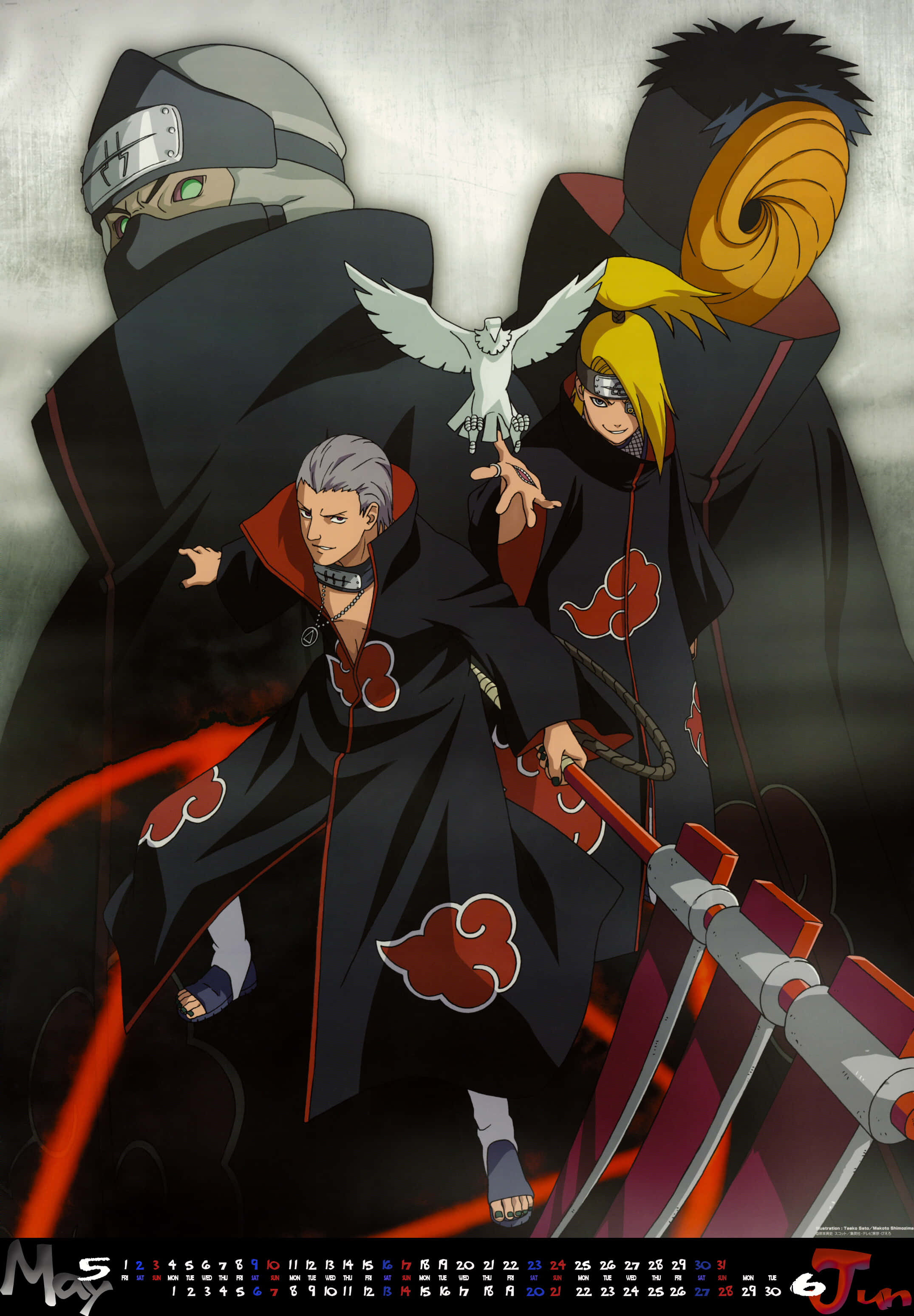 Akatsuki Kakuzu, black cloaks with red clouds, white bird, 2K Phone Wallpaper