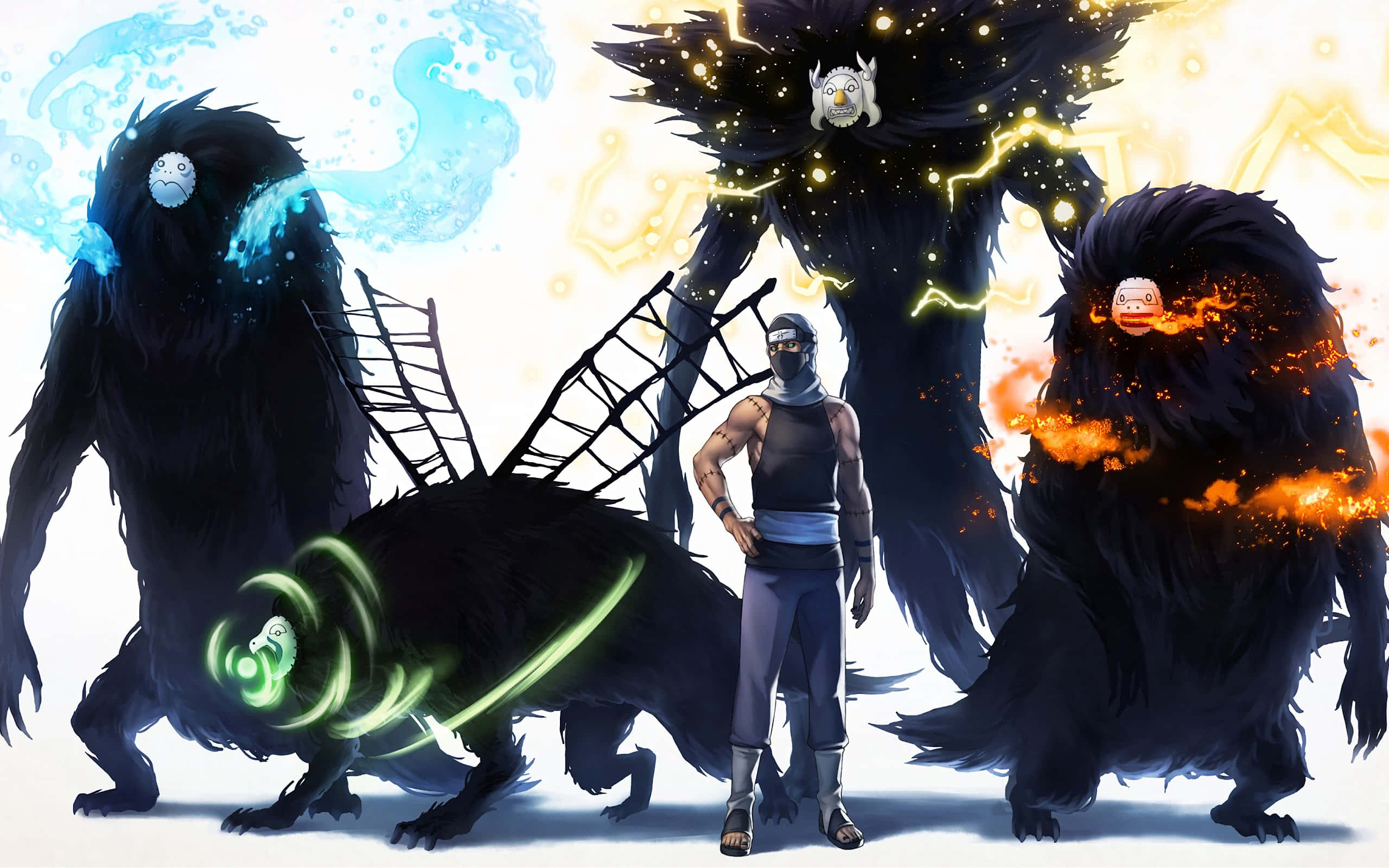 Akatsuki Kakuzu, masked ninja, three massive black beasts, 2K Desktop Wallpaper