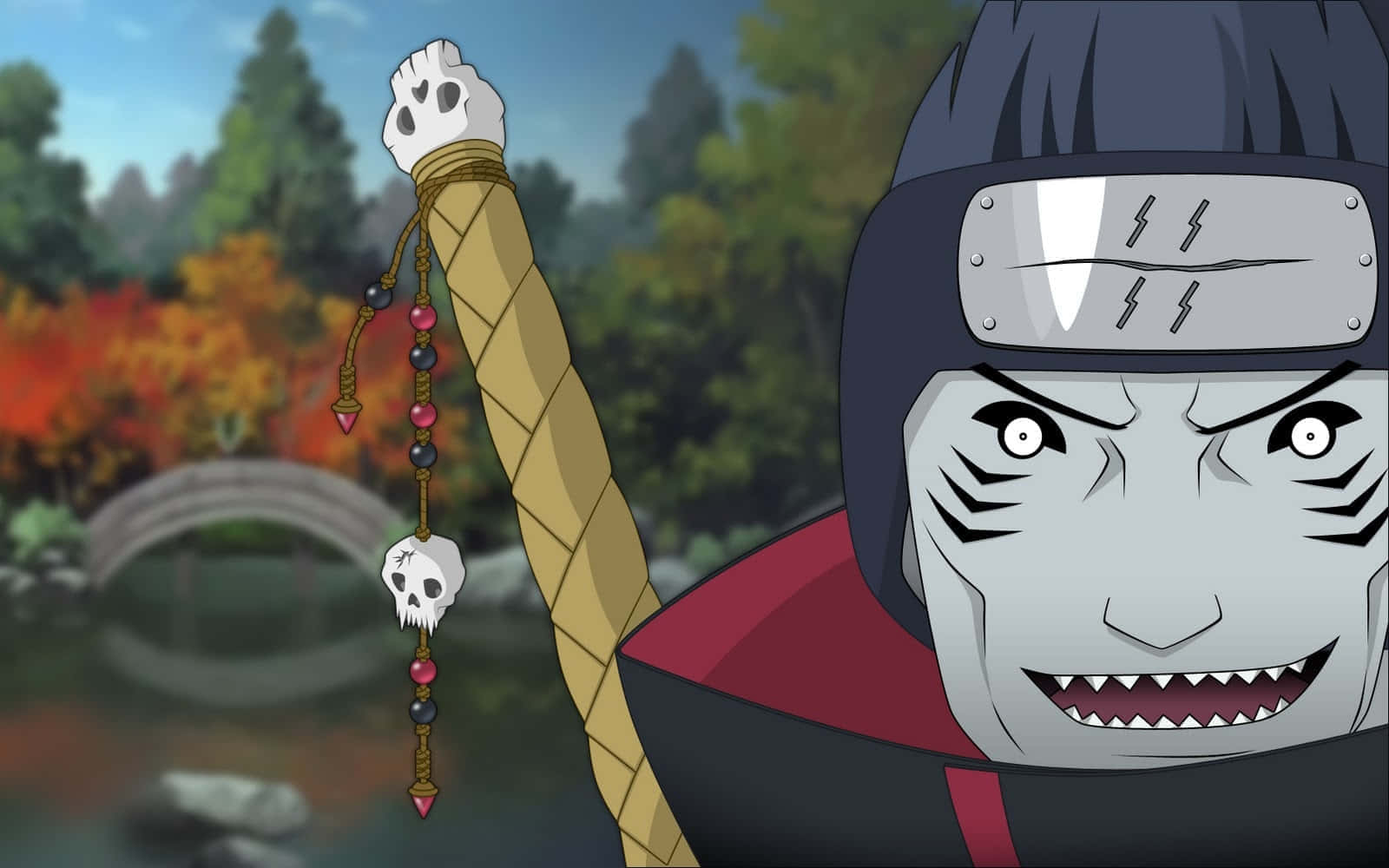Akatsuki Kisame, skull-topped staff, autumn forest, HD Desktop Wallpaper