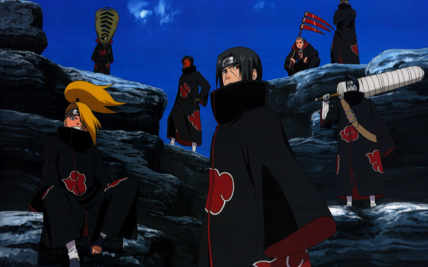 Akatsuki Kisame, black cloaks with red clouds, rocky terrain, HD Desktop Wallpaper