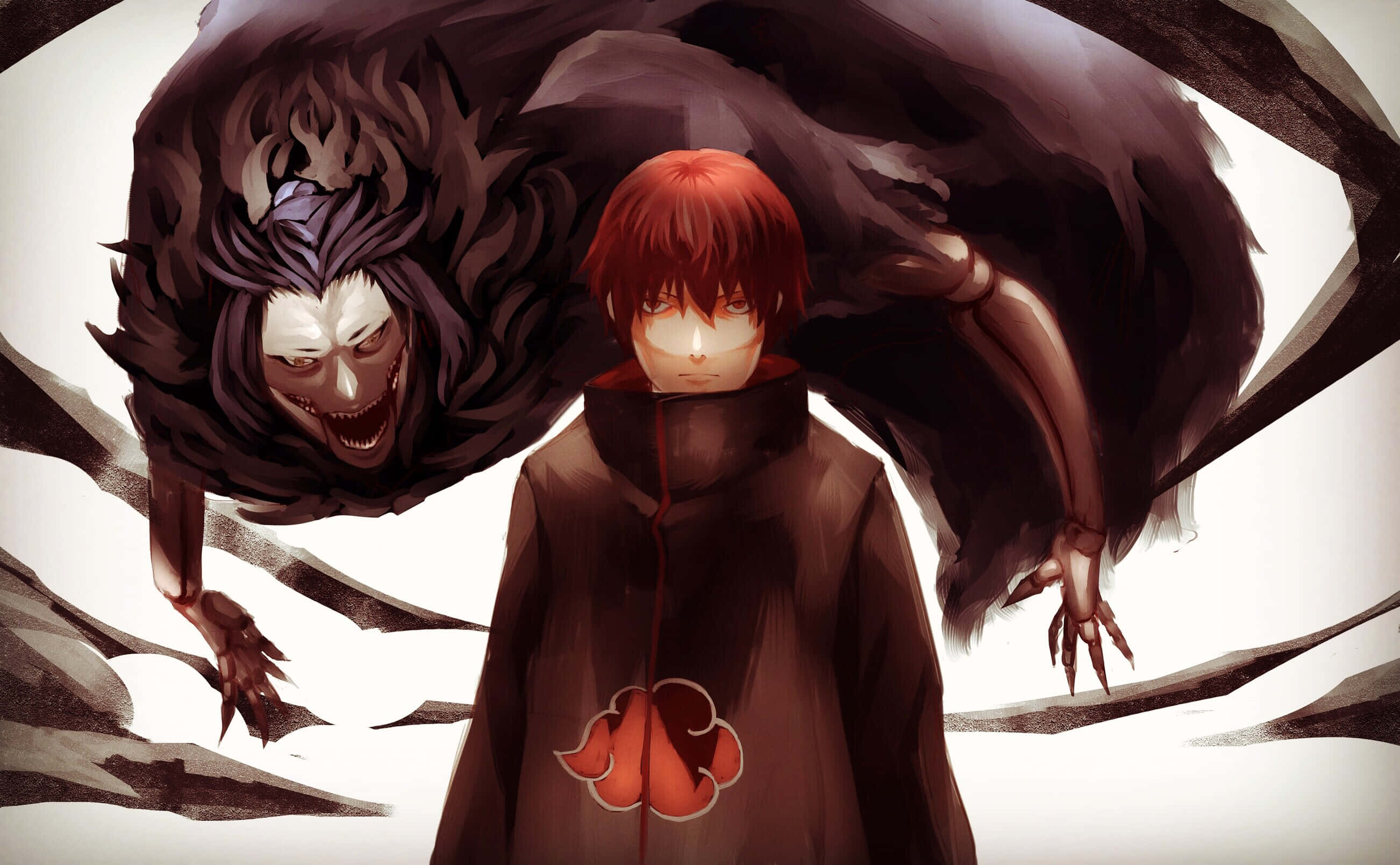Akatsuki Laptop, red-haired anime boy, black cloak, 2K Desktop Wallpaper
