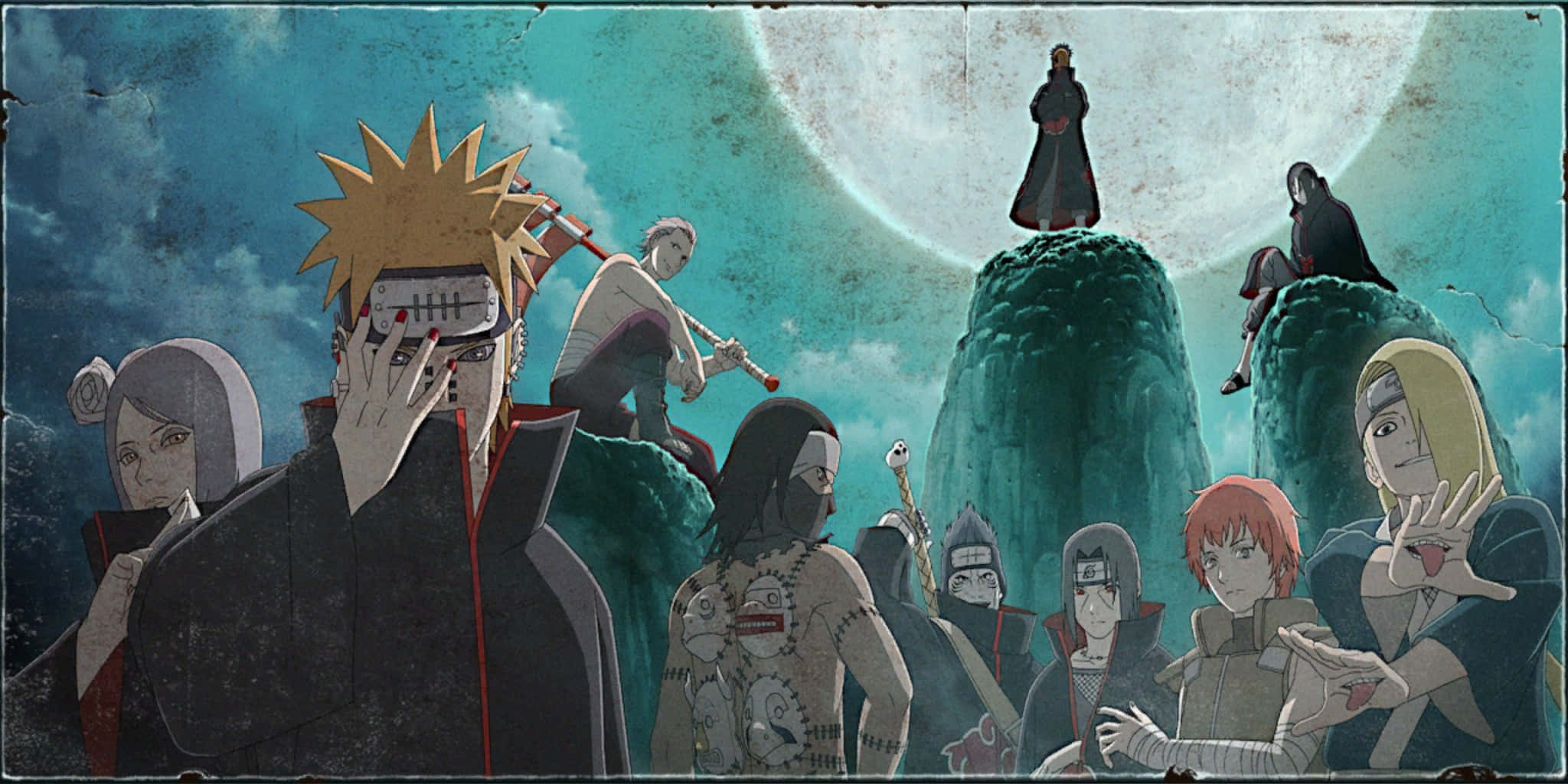 Akatsuki laptop, anime characters, rocky outcrops, Full HD Desktop Wallpaper