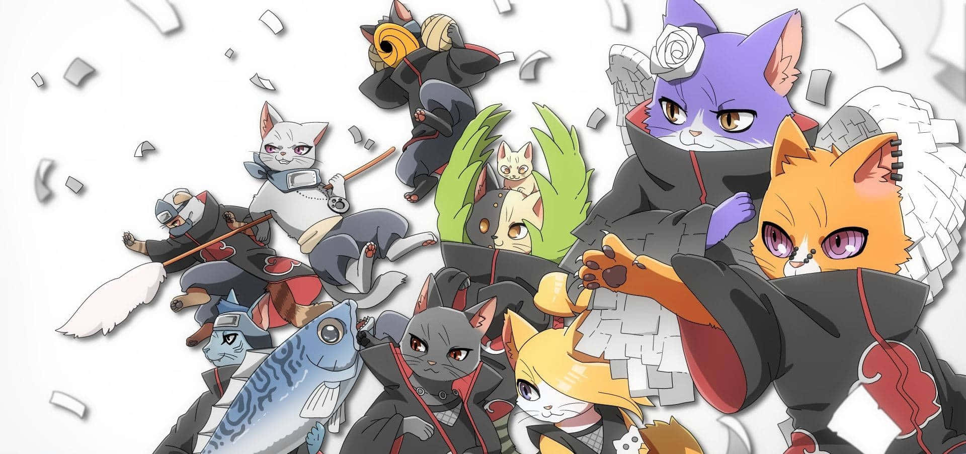 Akatsuki Laptop, anthropomorphic cats, black ninja outfits, Full HD Desktop Wallpaper