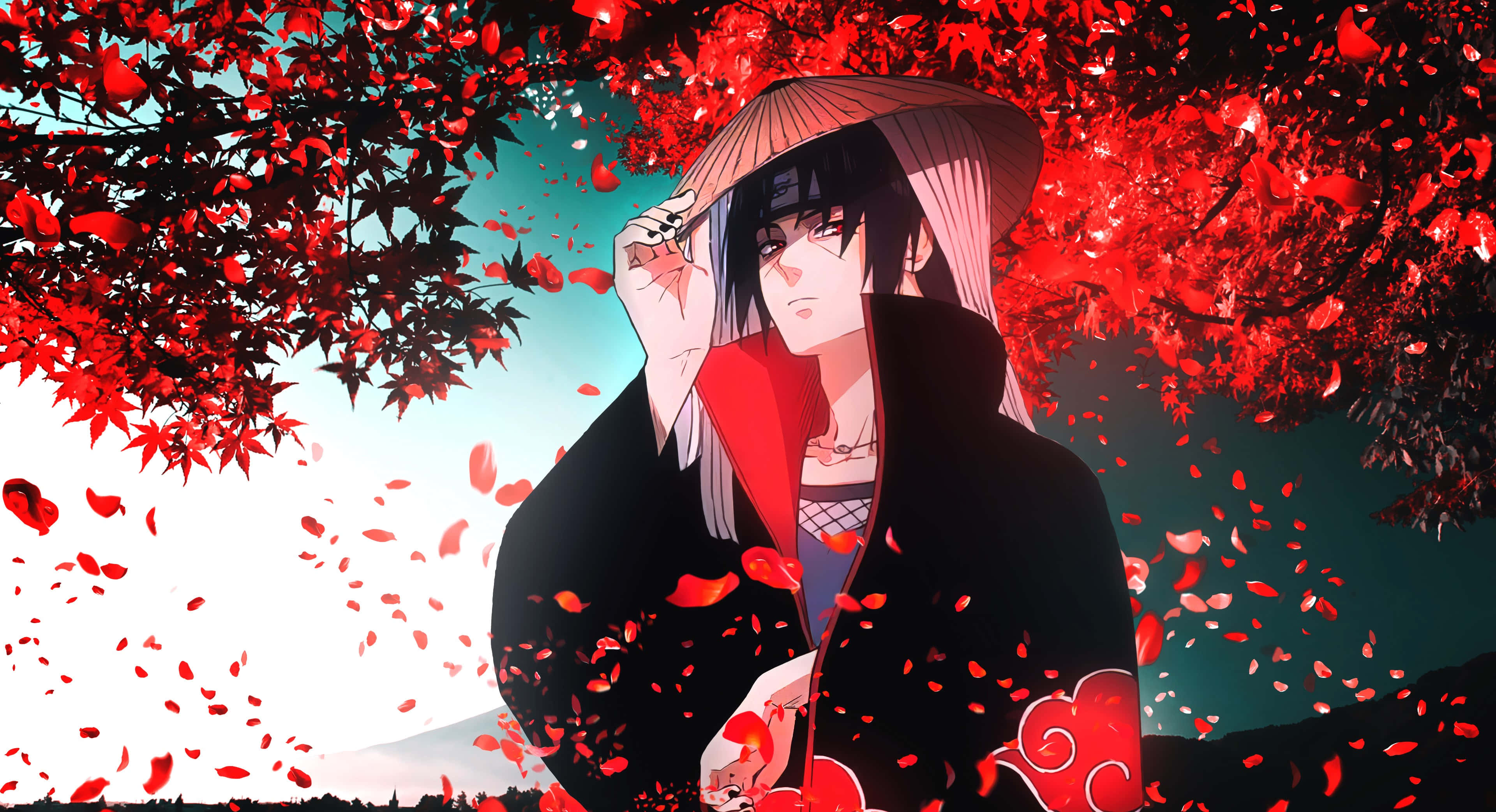 Akatsuki Laptop, red kimono, black cloak with red clouds, 4K Desktop Wallpaper